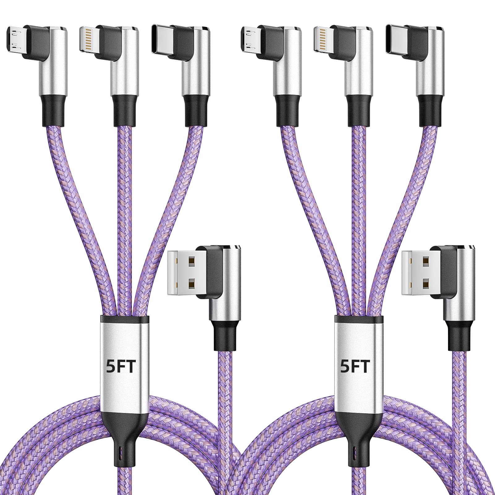 Cavo di ricarica multiplo a 90 gradi per gamer-friendly & Travel Essentials [2 confezioni da 1,5 m], cavo di ricarica 3 in 1 ad angolo retto con USB-A a USB C/IP/Micro USB, compatibile con iPhone