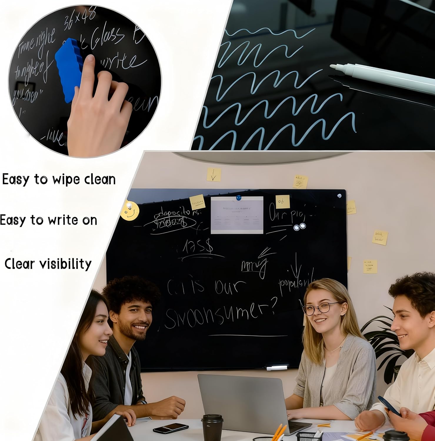 Premium 36" x 48" Black Magnetic Glass Dry Erase Board - Frameless Tempered Glass Whiteboard, Wall Mounted, Includes 6 Markers - Perfect for Office, Home, School