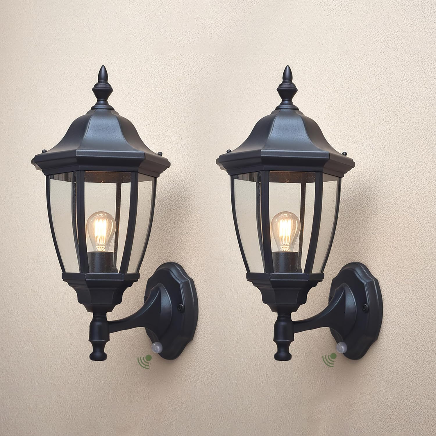 EBION PIR Outdoor Wall Lights,2 Pack Outside Wall Lights with Motion Sensor,IP44 Waterproof Traditional Black Outside Exterior Wall Lantern for Garden,Porch,Garage,Patio,Corridor,E27 Socket