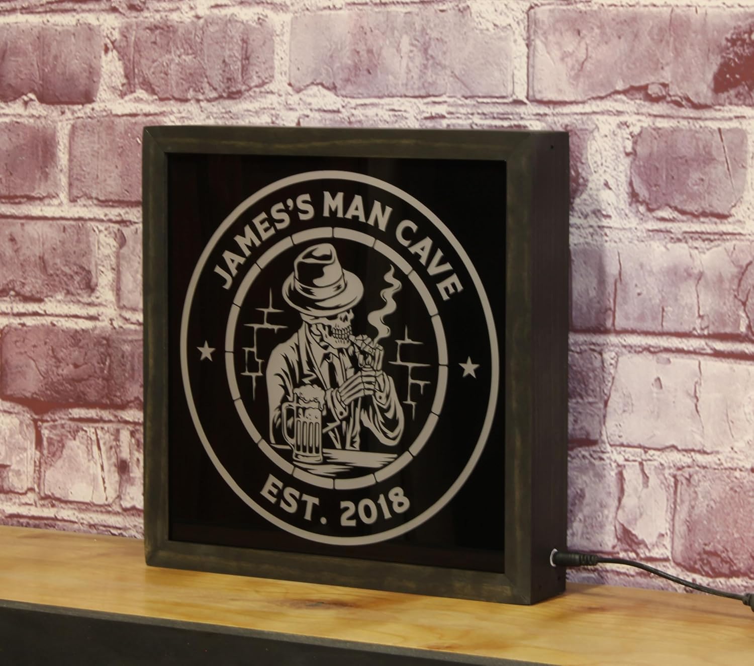 Bones & Smoke Co - Personalized Beer & Cigar Skeleton Light – Funny Whiskey & Beer Design – Custom Name and Year – 12x12 Wood Frame RGB Remote Control Sign – Bar, Pub, or Man Cave Gift Decor