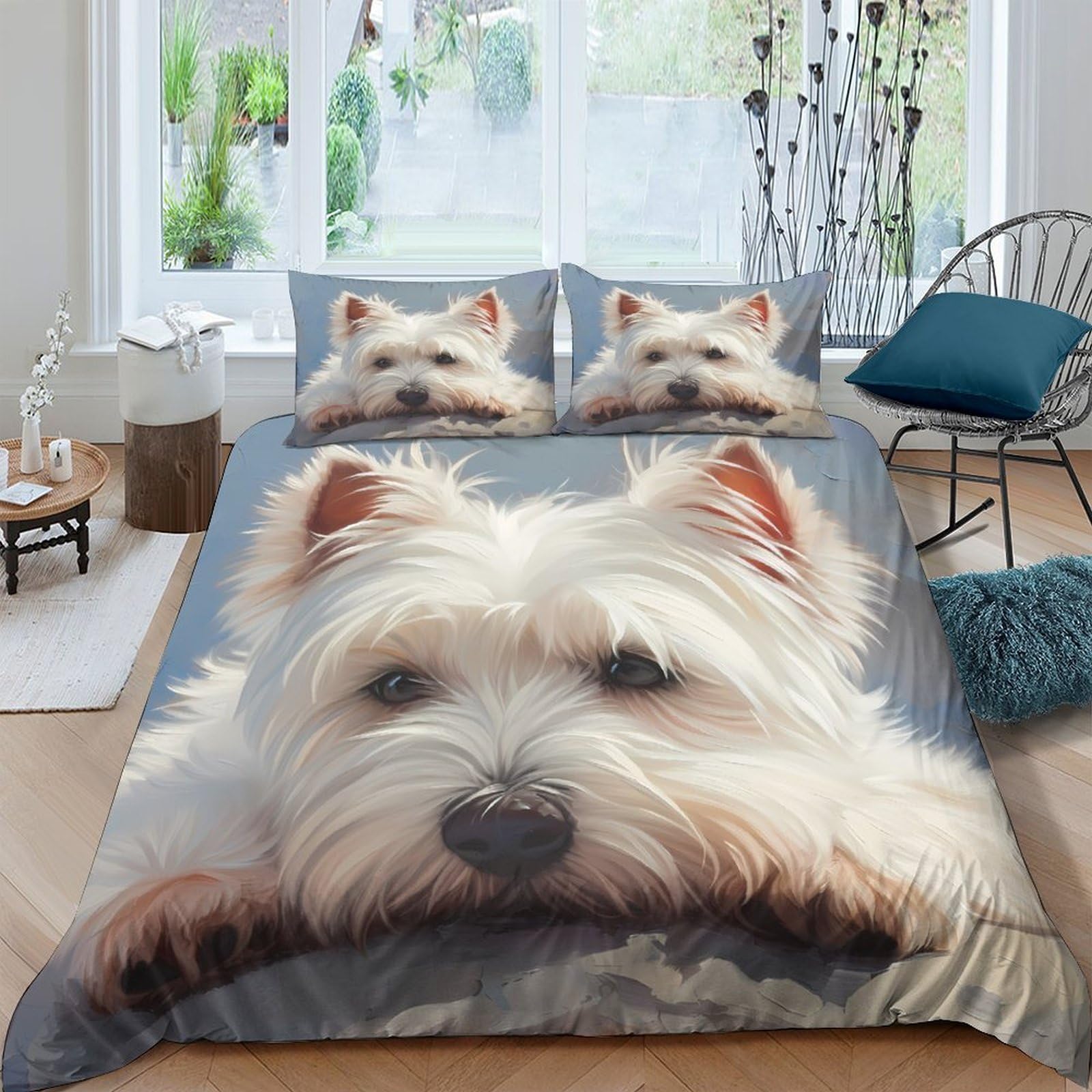 Ctjqhvkz Style-3 3D Printed Westie Dog Fitted Sheet Microfiber Soft Bedroom Decor White Puppy Bed Cover For Home Dorm Single（135X200cm）