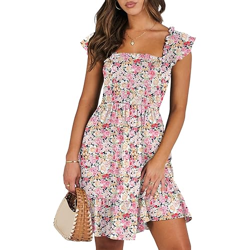 ANRABESS Womens Summer Casual Sleeveless Square Neck Smocked Ruffle Backless Boho Mini Dress 2024 Trendy Short Sundress
