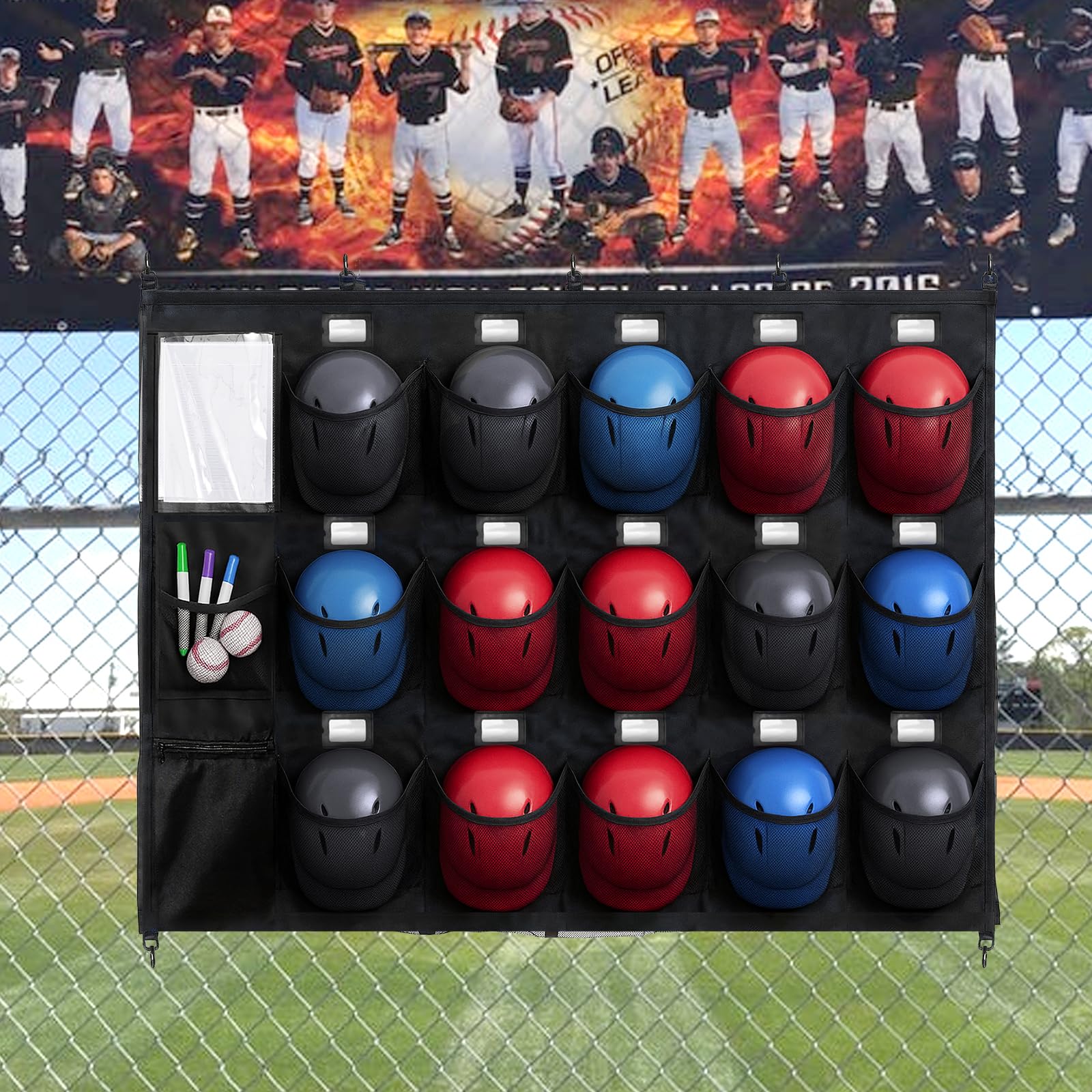 Bolsa colgante para casco para equipo de béisbol y sóftbol, organizador de almacenamiento de equipo de béisbol para 15 jugadores, incluyendo cascos, guantes de bateo, pelotas con tarjetas de nombre,
