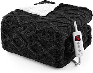 CAROMIO Heated Throw Blanket - Thick Tufted Sherpa Electric Blanket Throw with 10 Heating Levels and 10 Time Settings, ETL Certified Machine Washable Fast Heating Blanket Throw 50"×60", Black