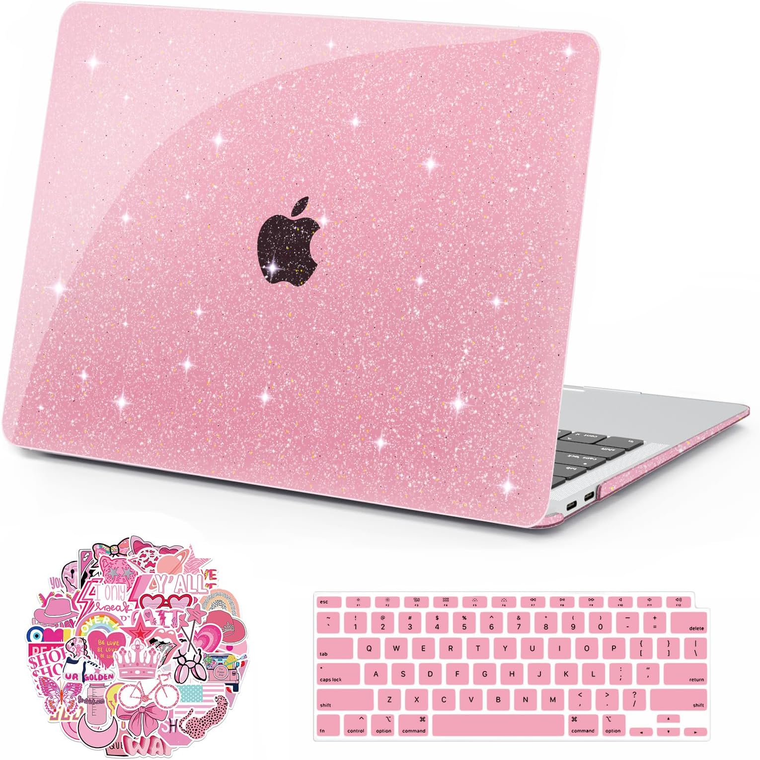 Anban Compatible with MacBook Air 13 inch Case 2022 2021 2020 2019 2018 Release A2337 A2179 A1932 with Touch ID, Glitter Plastic Laptop Hard Shell Case +Keyboard Cover + Screen Protector, Sparkly Pink