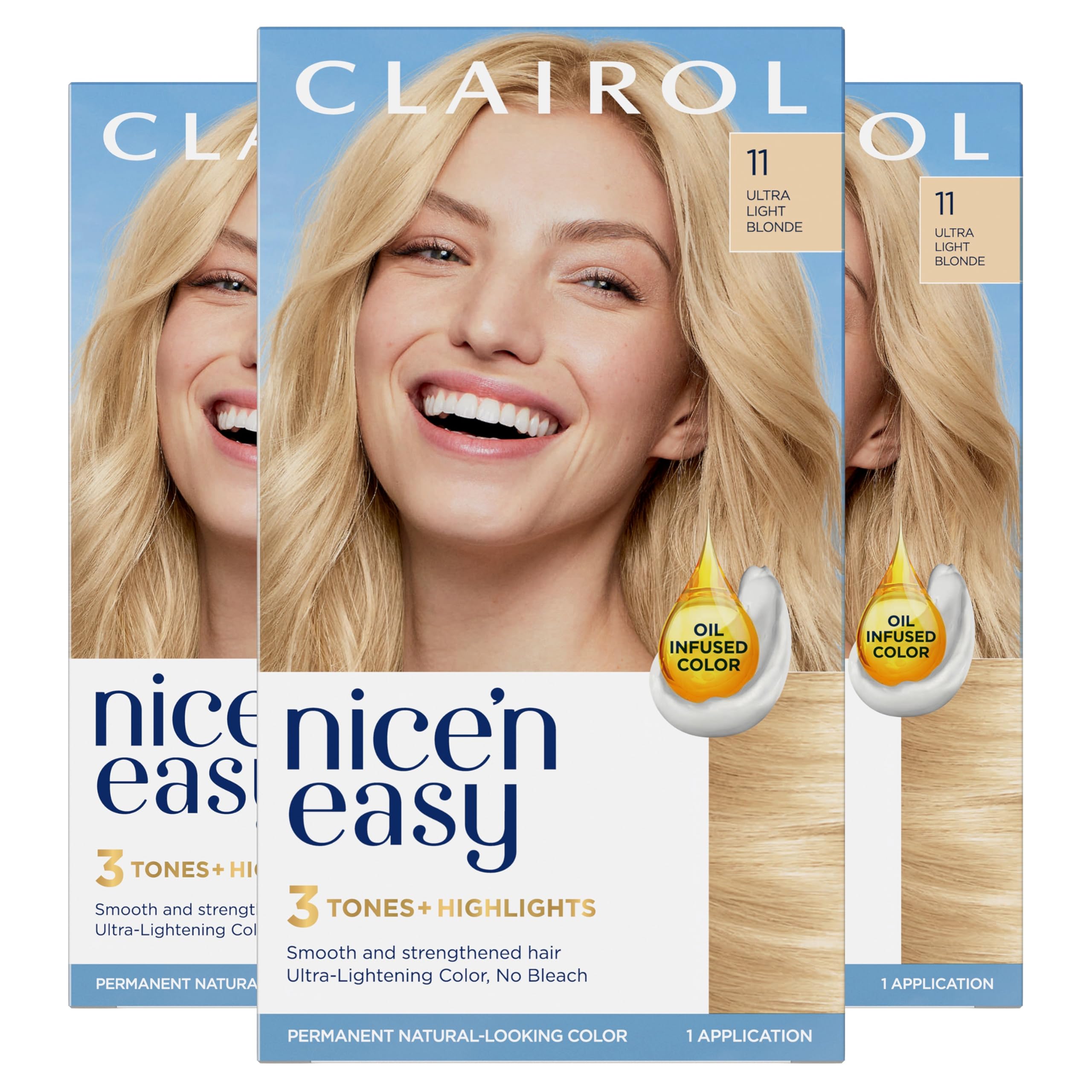 Nice'n Easy Permanent Hair Dye, 11 Ultra Light Blonde Hair Color, Pack of 3