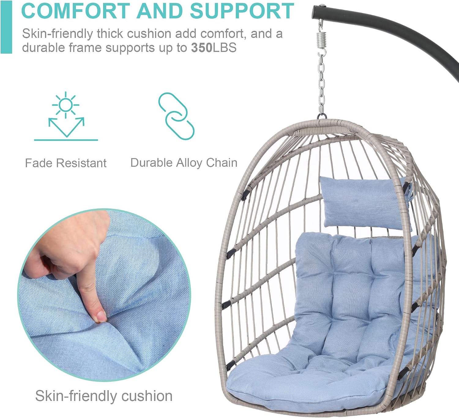 SWITTE Hanging Egg Chair with Stand, Egg Swing Hammock Chair with Stand, Indoor Outdoor Wicker Egg Chair with Cushion Headrest for Patio Bedroom Porch Garden, 350LBS Capacity(Tiffany Blue)