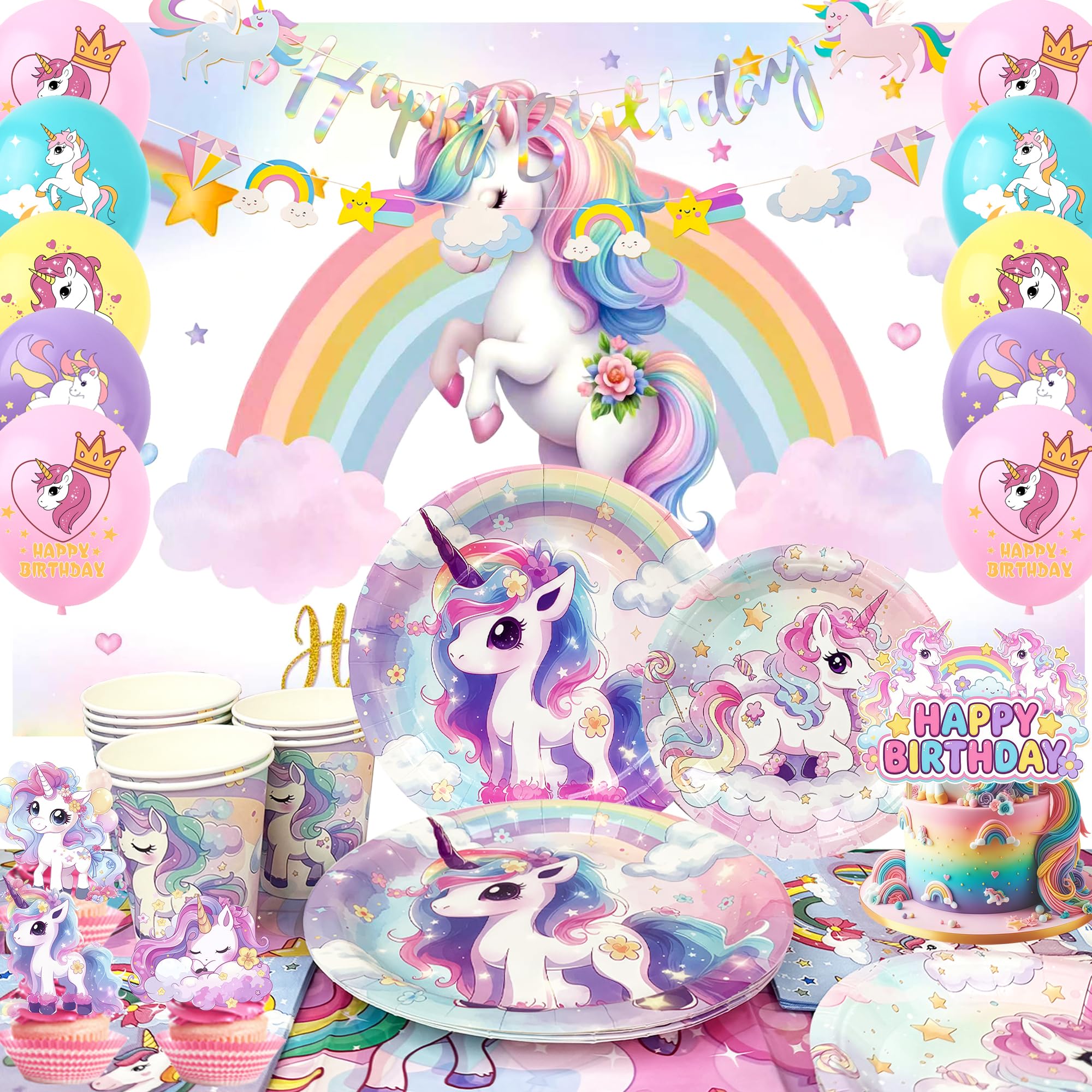 Unicorn Birthday Decorations, Unicorn Birthday Party Decorations Tableware Set - Plates Tablecloth Napkins Balloons Cake Toppers etc Birthday Party Supplies