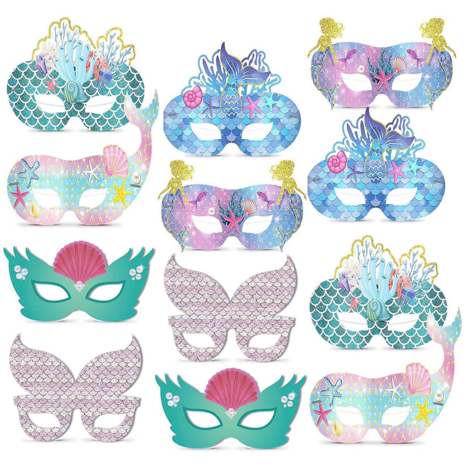 Falafoty 12 Mermaid Masks Kids Animal Paper Masks, Mermaid Dress Up Cosplay Mask, Mermaid Eye Mask for Kids Adult Masquerade Underwater World Theme Birthday Party Supplies Halloween Role Play Game