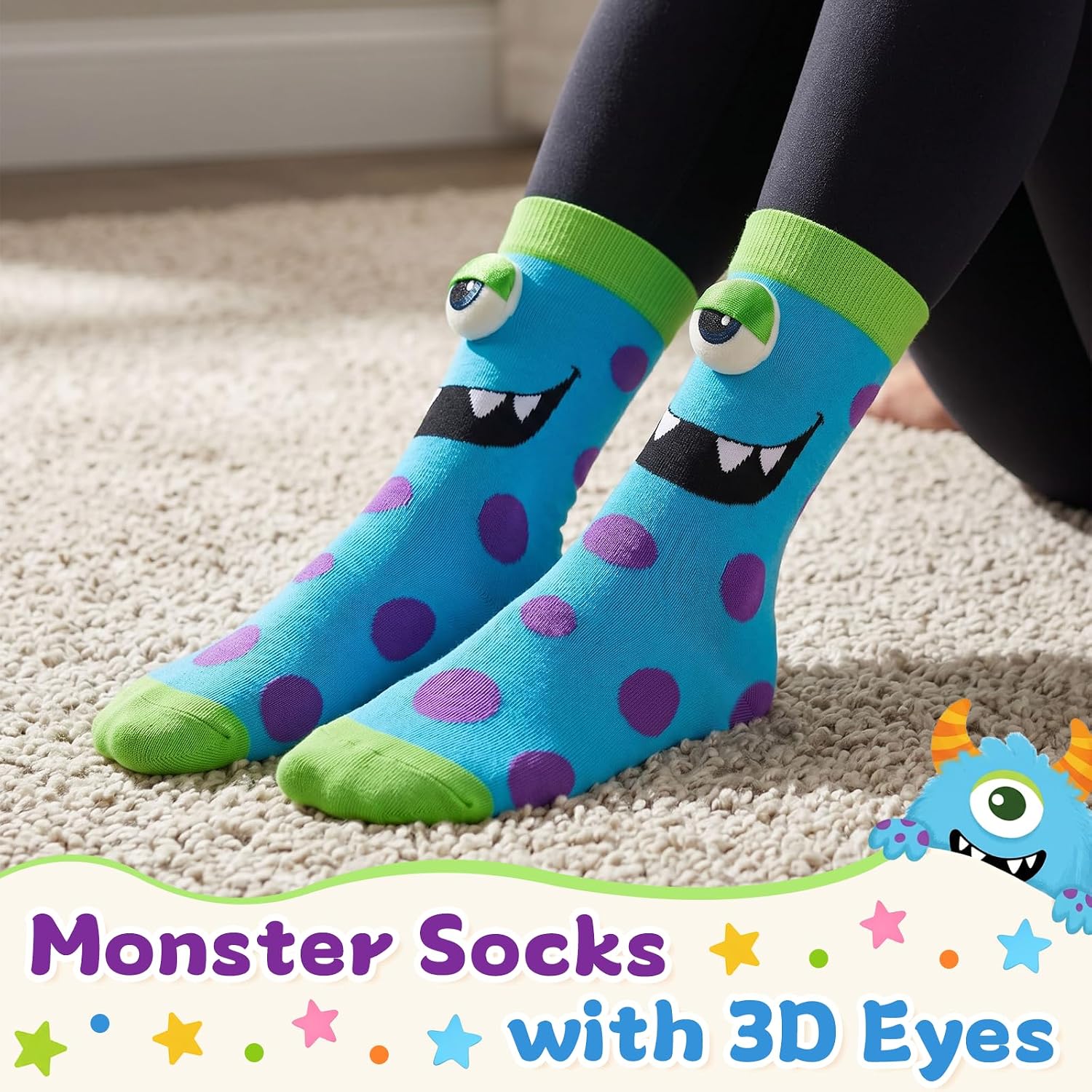 FunisFun Crazy Silly Socks for Kids, Novelty Wacky Monster Socks with 3D Eyes for Boys Girls Halloween Christmas