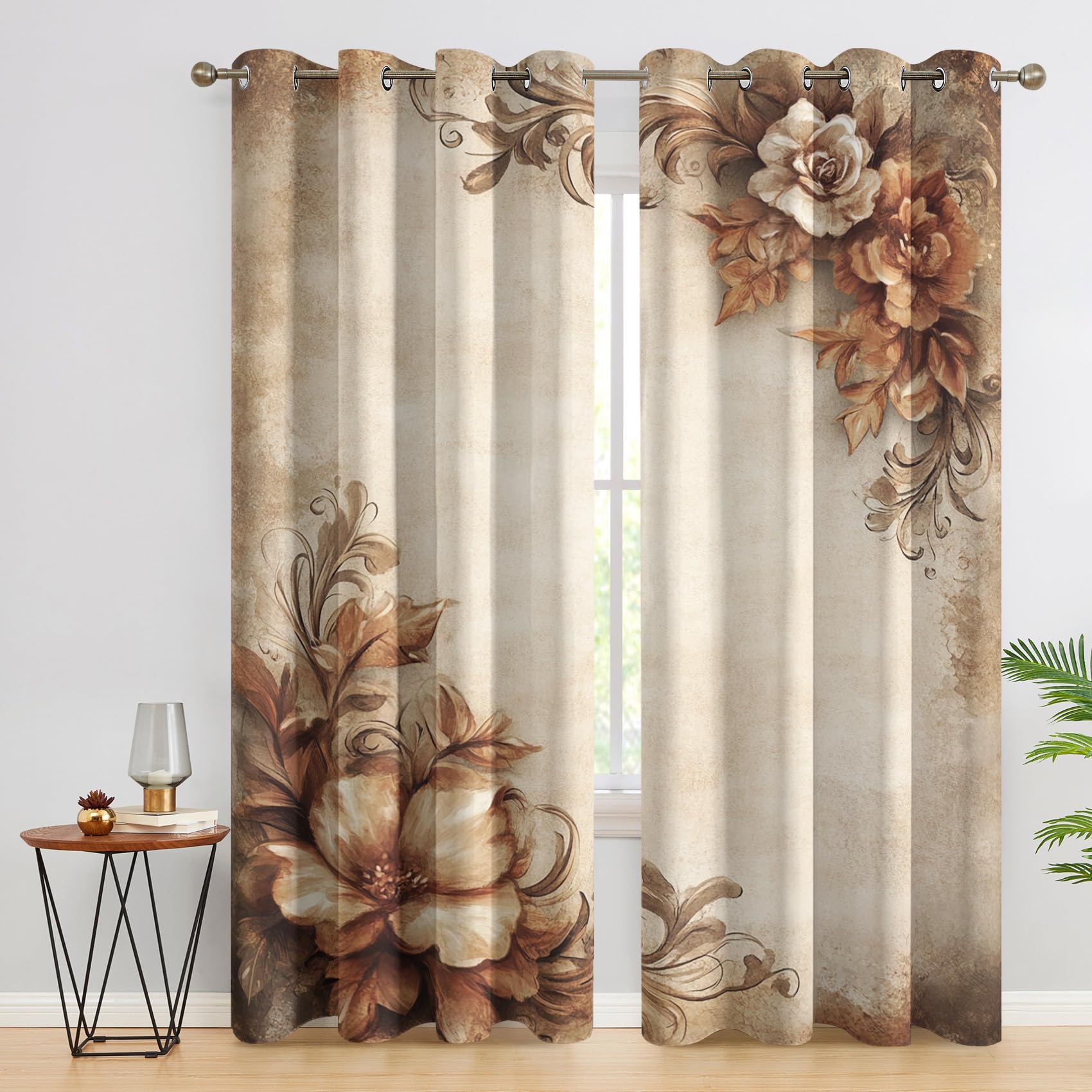 Rideau Occultant Floral Vintage, Rideaux Motif Fleurs, Rideau Thermique à Oeillets, Rideau Fenetre Imprimé pour Salon Chambre, Lot de 2 Rideaux et Draperies Intérieurs, 140x240 cm