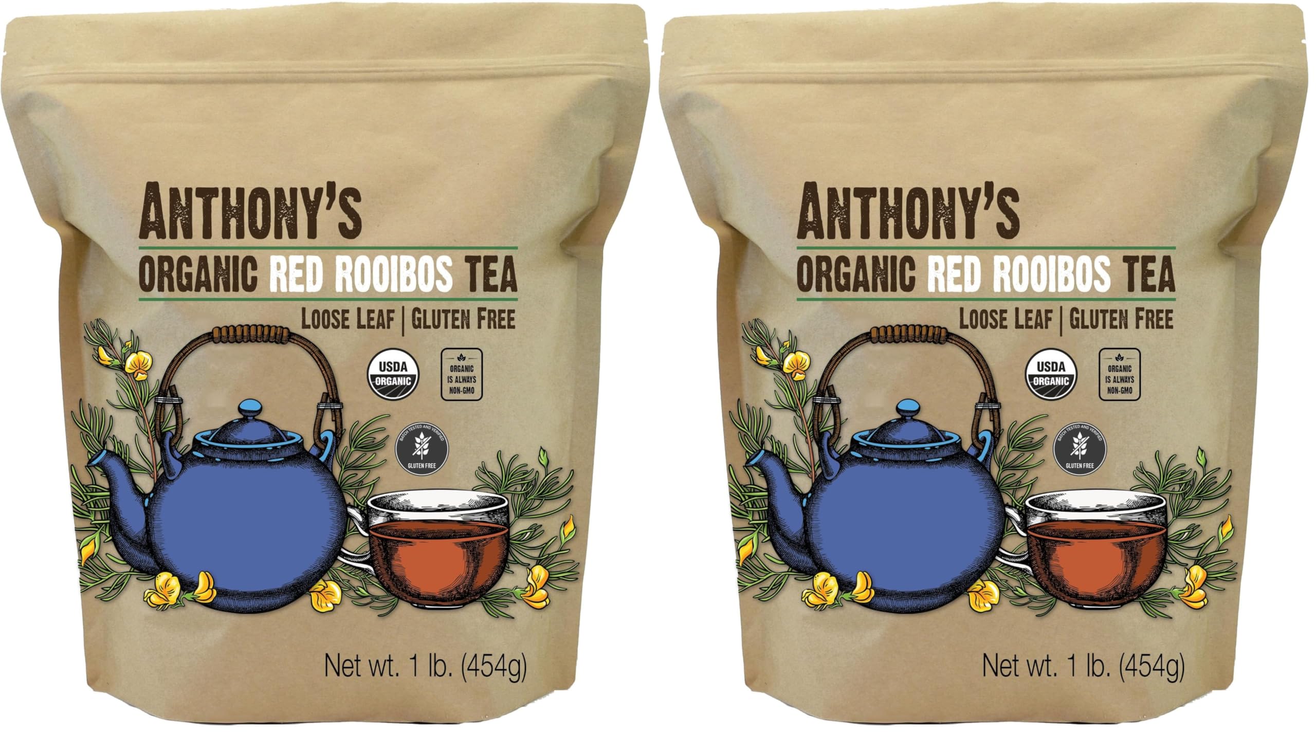 Anthony's Organic Red Rooibos Loose Leaf Tea, 1 lb, Gluten Free, Non GMO, Non Irradiated, Keto Friendly (Pack of 2)