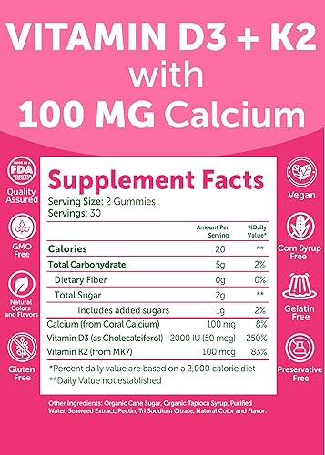 Miniatura 5 de Lunakai Gomitas de vitamina D3 K2 hechas en Estados Unidos con calcio  Suplemento vegano diario 3 en 1 para apoyo óseo e inmunológico para mujeres,