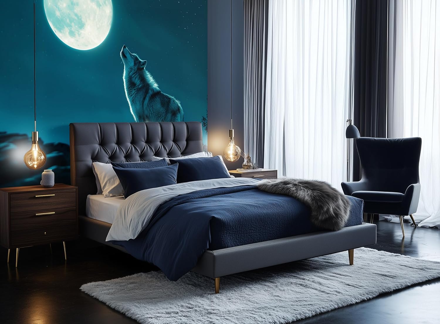 AMUGISH Wolf Moonlight Wall Mural Wallpaper – Mystical Night Howling Wolf Forest Scene – Large Peel and Stick Wall Decor for Bedroom, Living Room, and Office