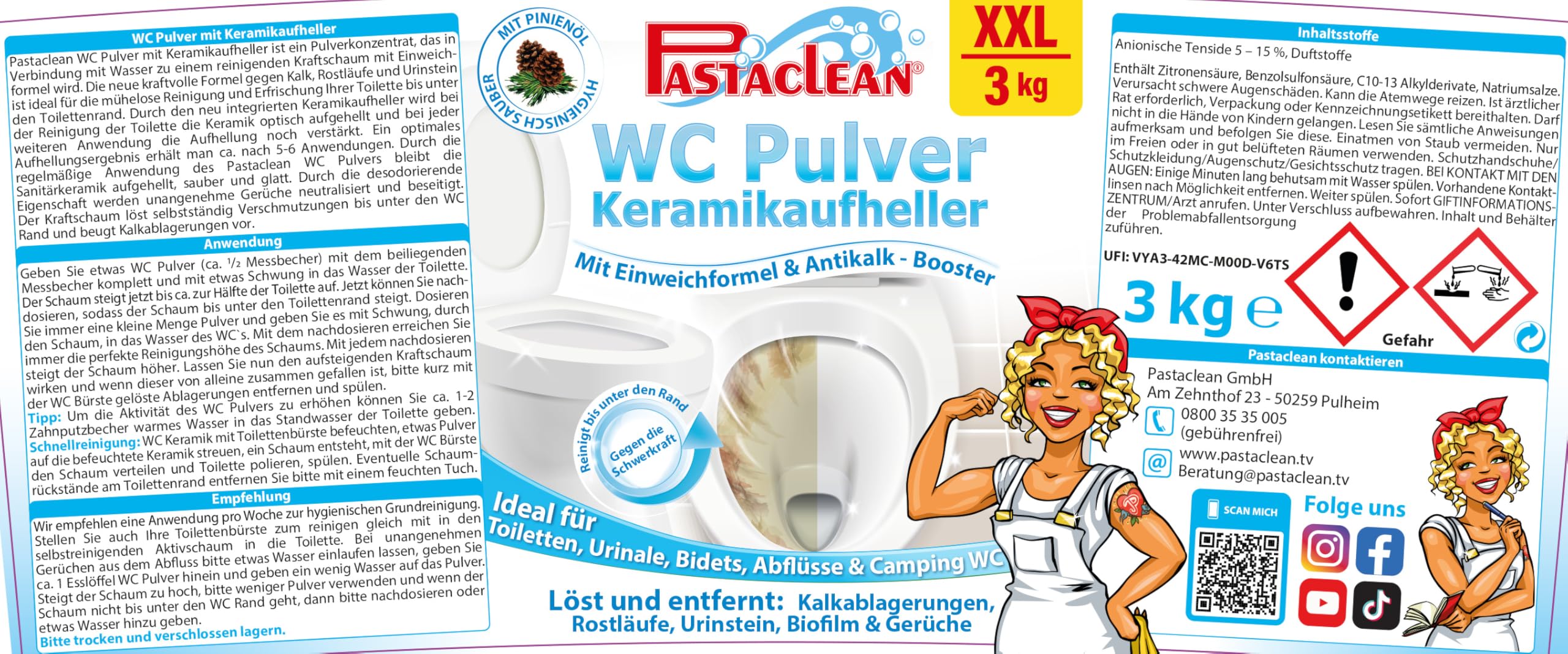 Pastaclean® WC Reiniger Pulver 6 kg I Toiletten-Reiniger für WC-Hygiene & WC-Frische I WC Schaum EXTRA STARK gegen Kalk- & Urinstein I Reinigt bis unter den Rand der Toilette