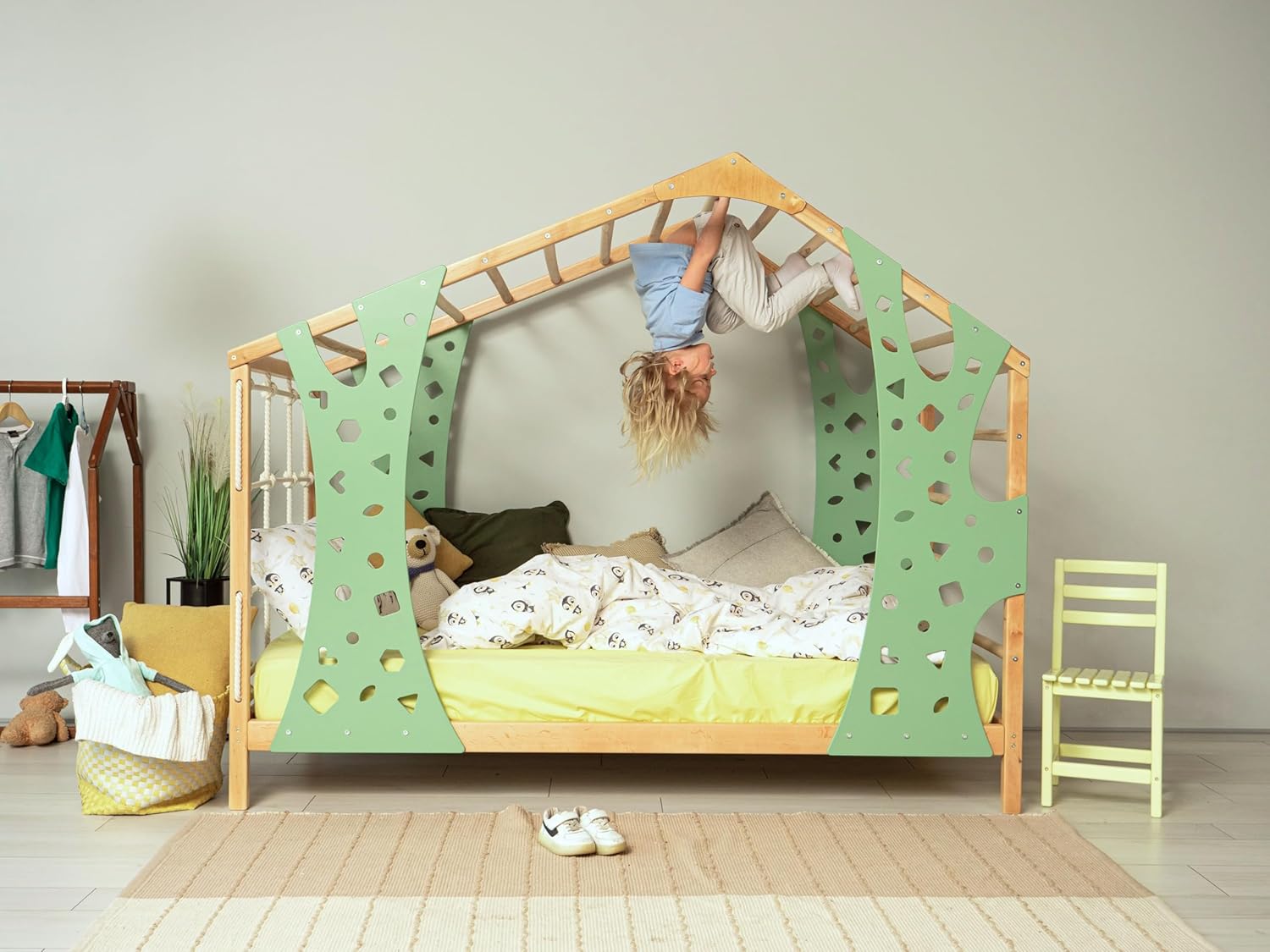 BUSY WOOD Toddler Bed with Drawers - Twin Bed Frame with Storage - Indoor Playground Bed - Montessori Bed - Jungle Gym - Montessori Bed for Toddlers - Monkey Bed with 2 Drawers (Wide&Full Depth)