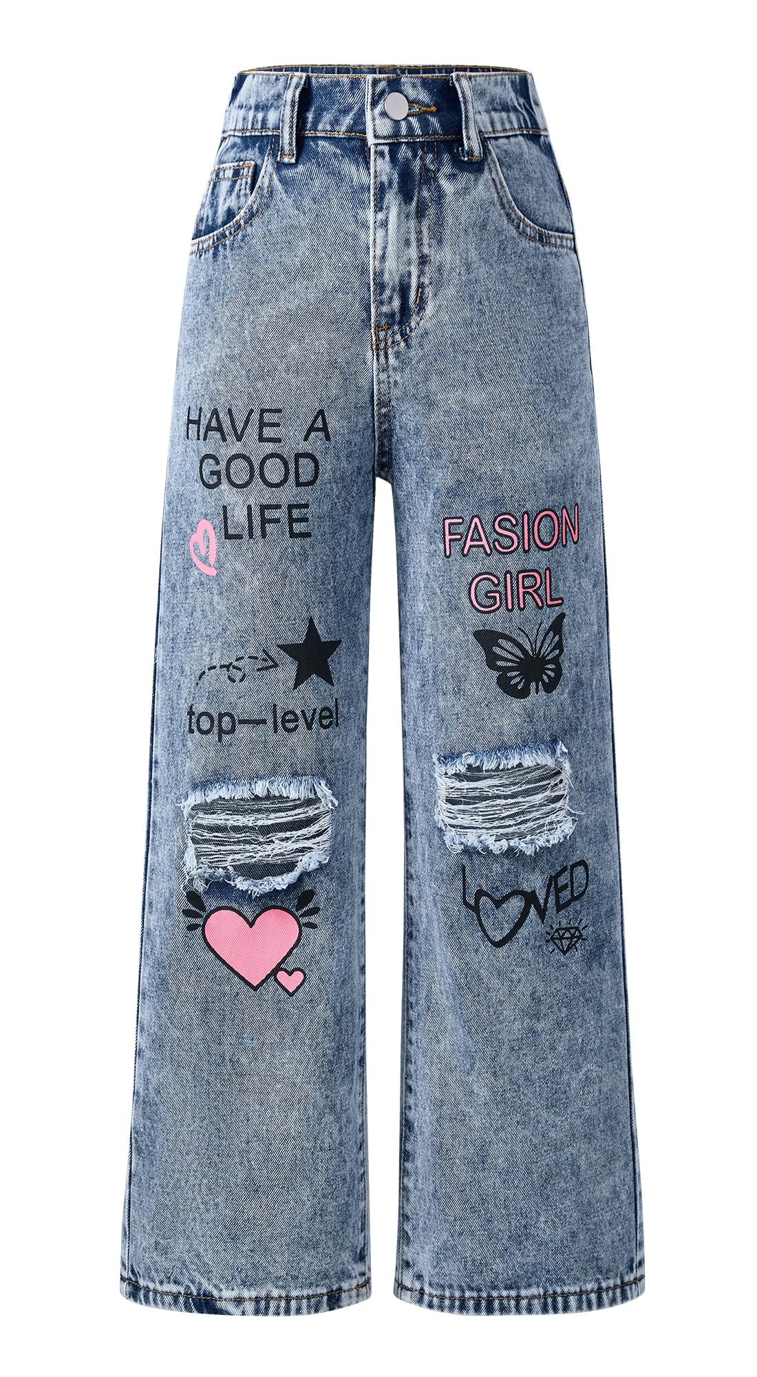 FEOYA Dżinsy Baggy dla dzieci, dziewczynek, spodnie z otworami, proste spodnie w stylu vintage, denim, spodnie rekreacyjne
