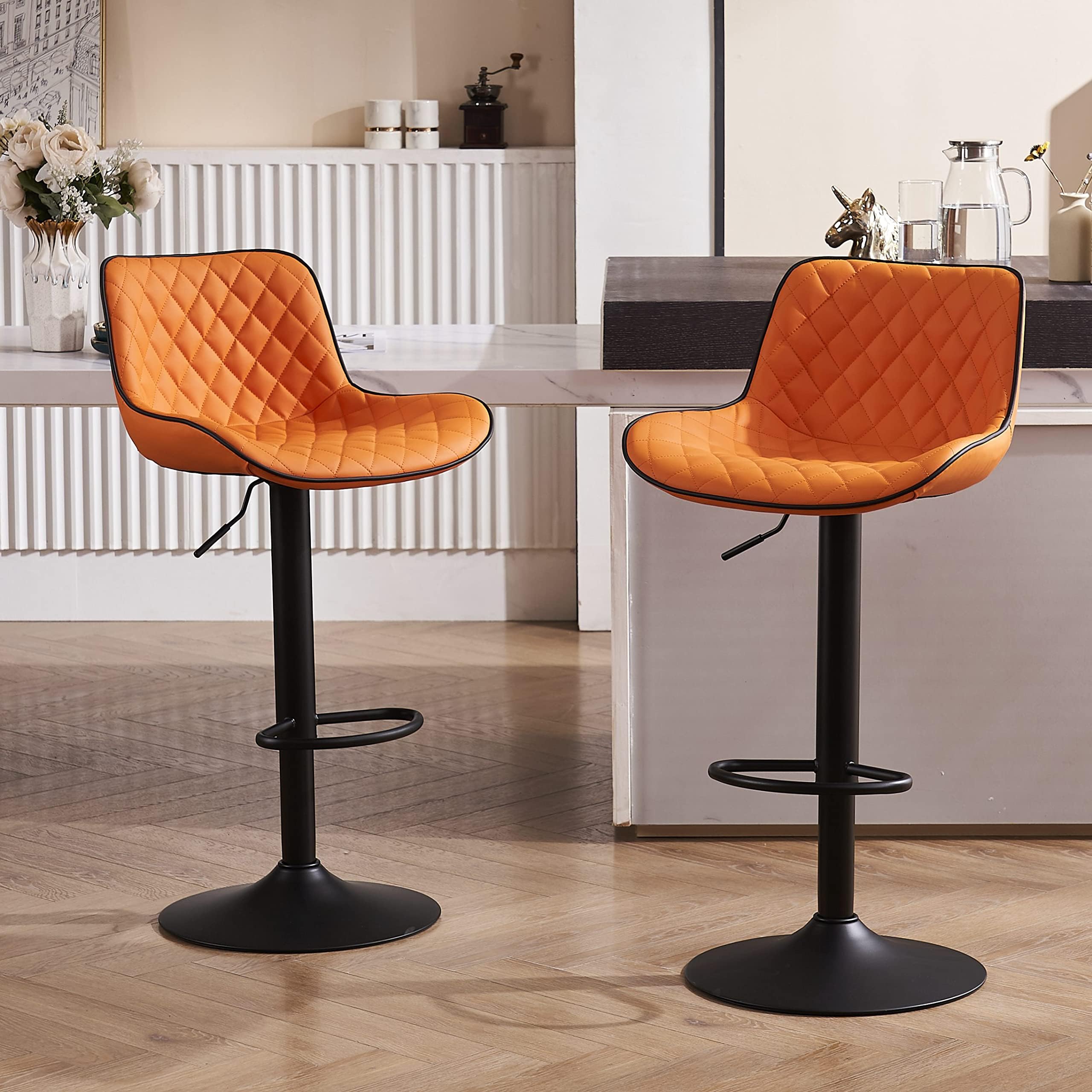 YOUTASTE Orange Black Bar Stools Set of 2, Adjustable Counter Height Swivel Barstools with Faux Leather & Metal Legs, 300 lbs Capacity, Mid-Century Modern Style for Kitchen Island, Home & Restaurant