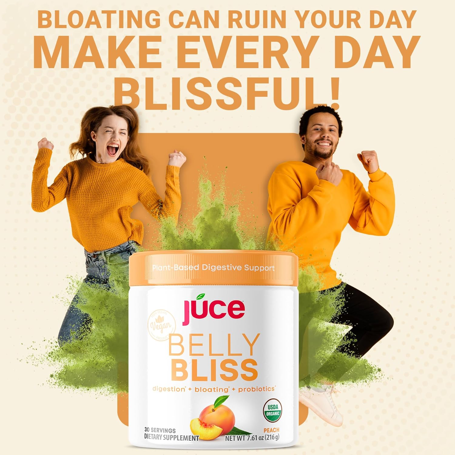 Júce Belly Bliss, Peachy Greens, 30 servings, Probiotics + Greens, Bloating Support with Plant-Based Digestive Enzymes, Dietary Supplement Powder - By Terra Kai Organics - Image 7