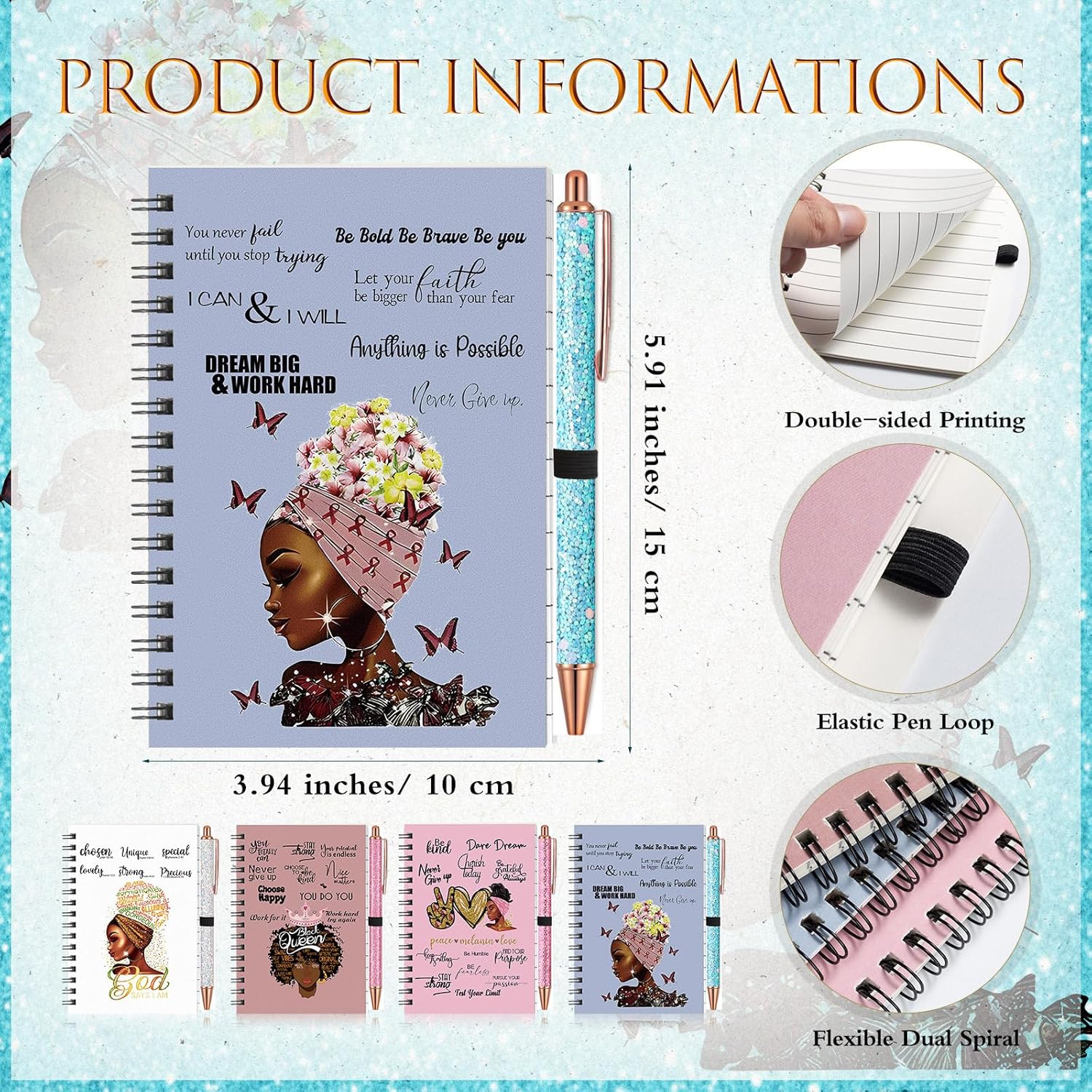 4 Sets Black Women Notebooks Inspirational African American Spiral Journal with Glitter Ballpoint Pen Motivational Notepads Gifts for Black Women Girls Teachers Students