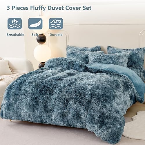 Miniatura 3 de SUCSES Juego de funda de edredón tamaño Queen esponjoso de color azul marino, juego de ropa de cama de 3 piezas de pelo sintético largo de felpa -