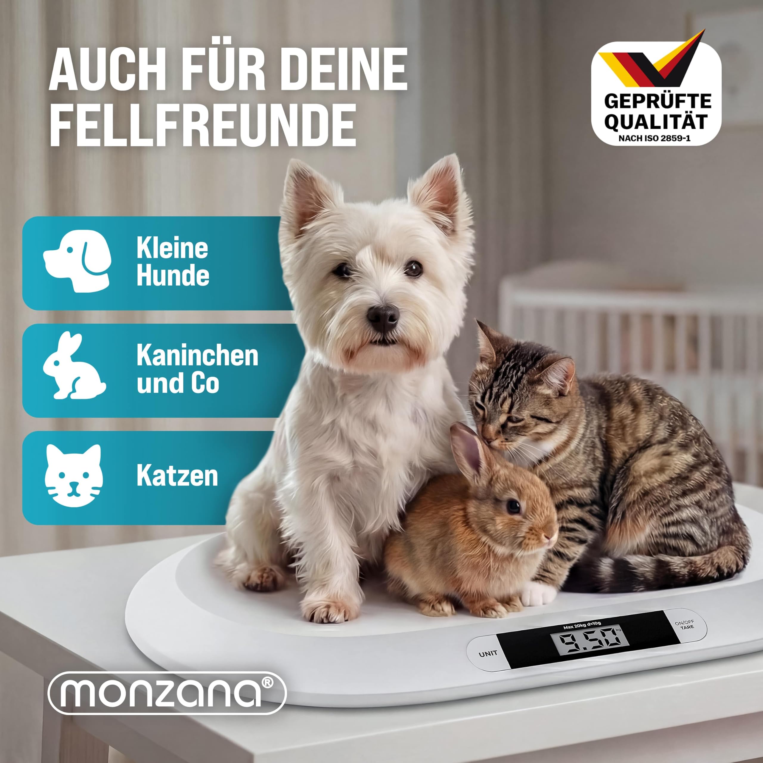 MONZANA® Digitale Babywaage bis 20 kg Säuglingswaage mit Tara-Funktion - Große Liegefläche LCD-Display Stillwaage Holdfunktion Hunde & Katzen Kleintiere