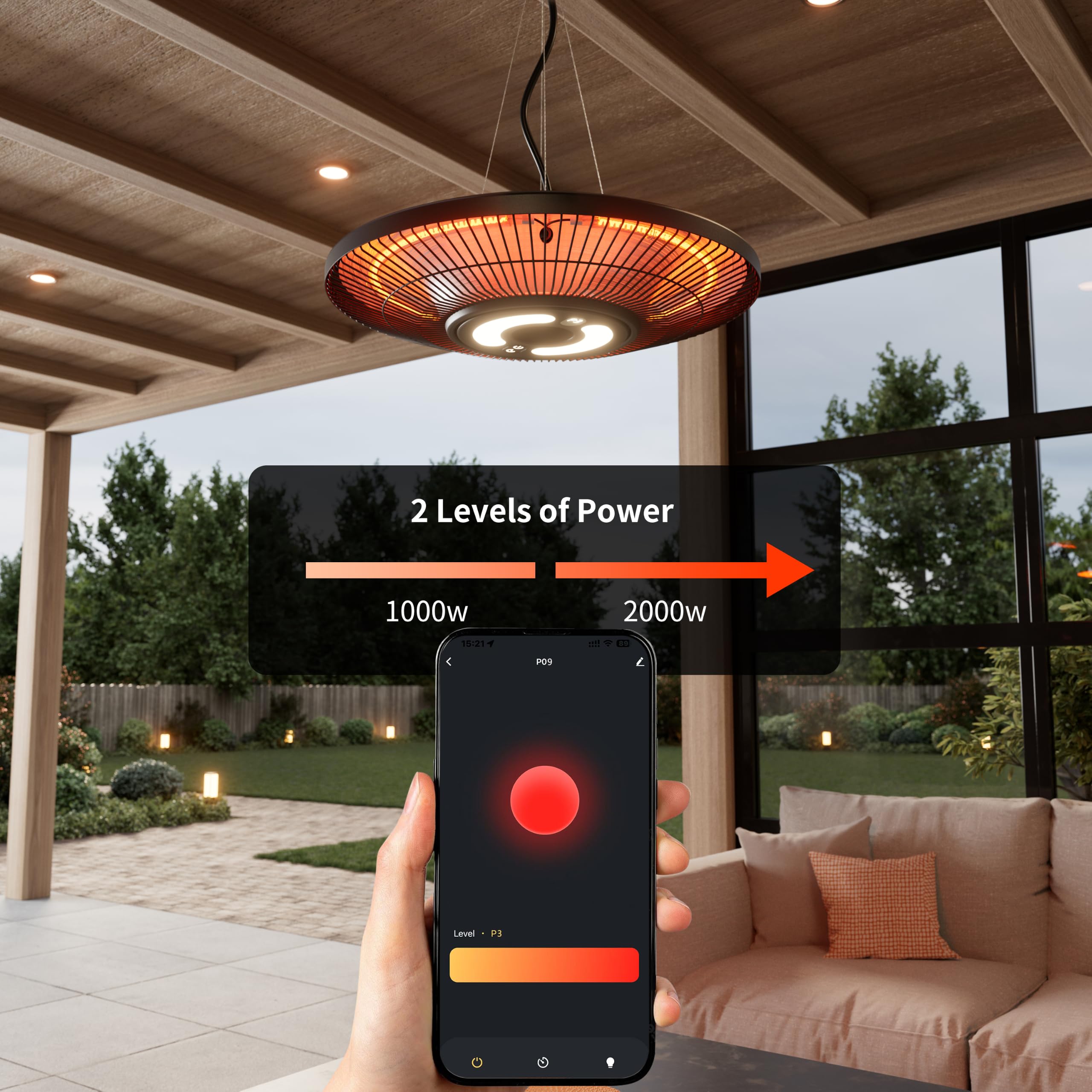 Stufa elettrica da esterni da appendere, 2000 W, a infrarossi, da parete, montaggio a soffitto, impermeabile IP65, per ristorante, giardino, garage e gazebo