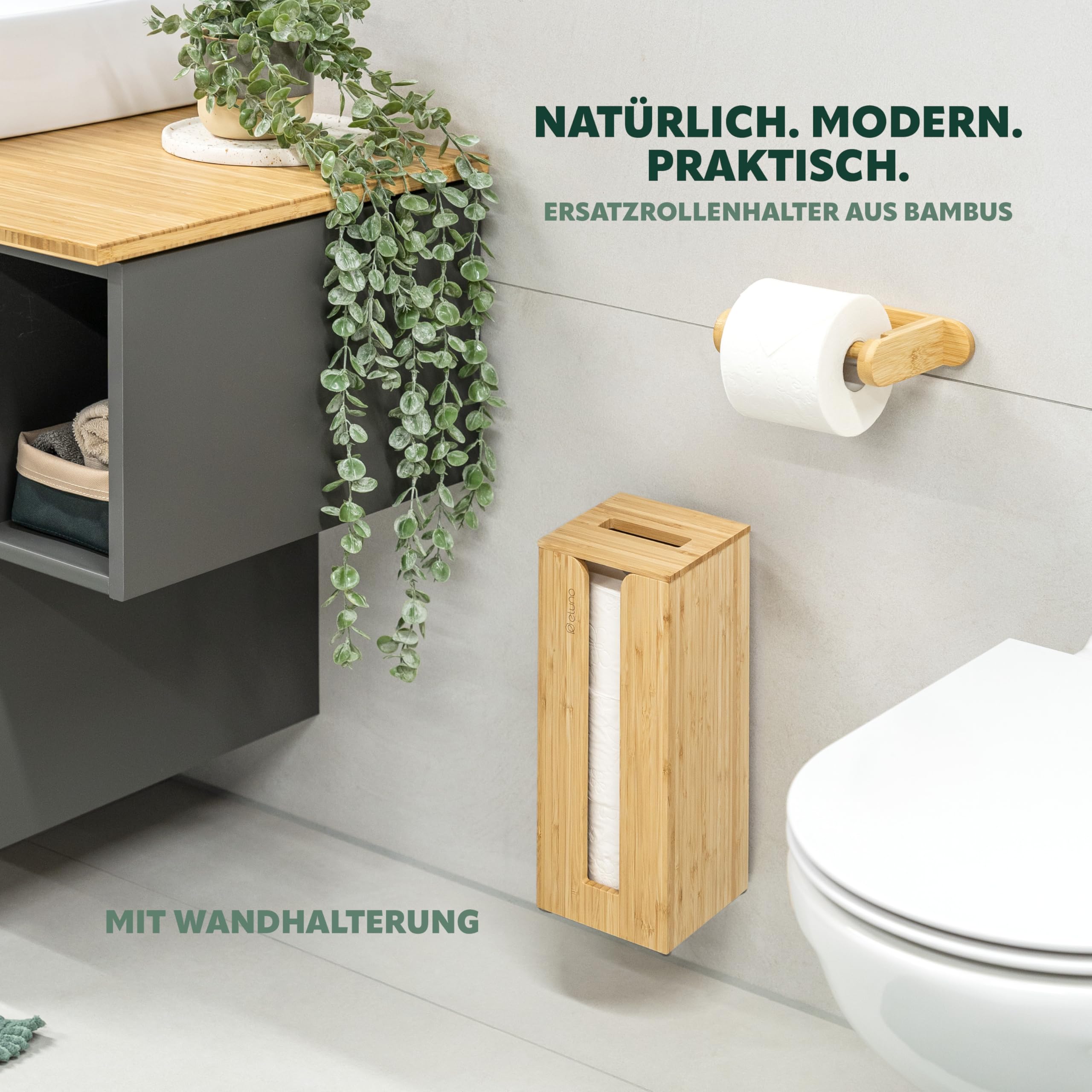 portarotolo eluno per 3 rotoli di ricambio in bambù dal design naturale, portarotolo con coperchio e ripiano, portarotolo facilmente ricaricabile, portarotolo da incollare o forare