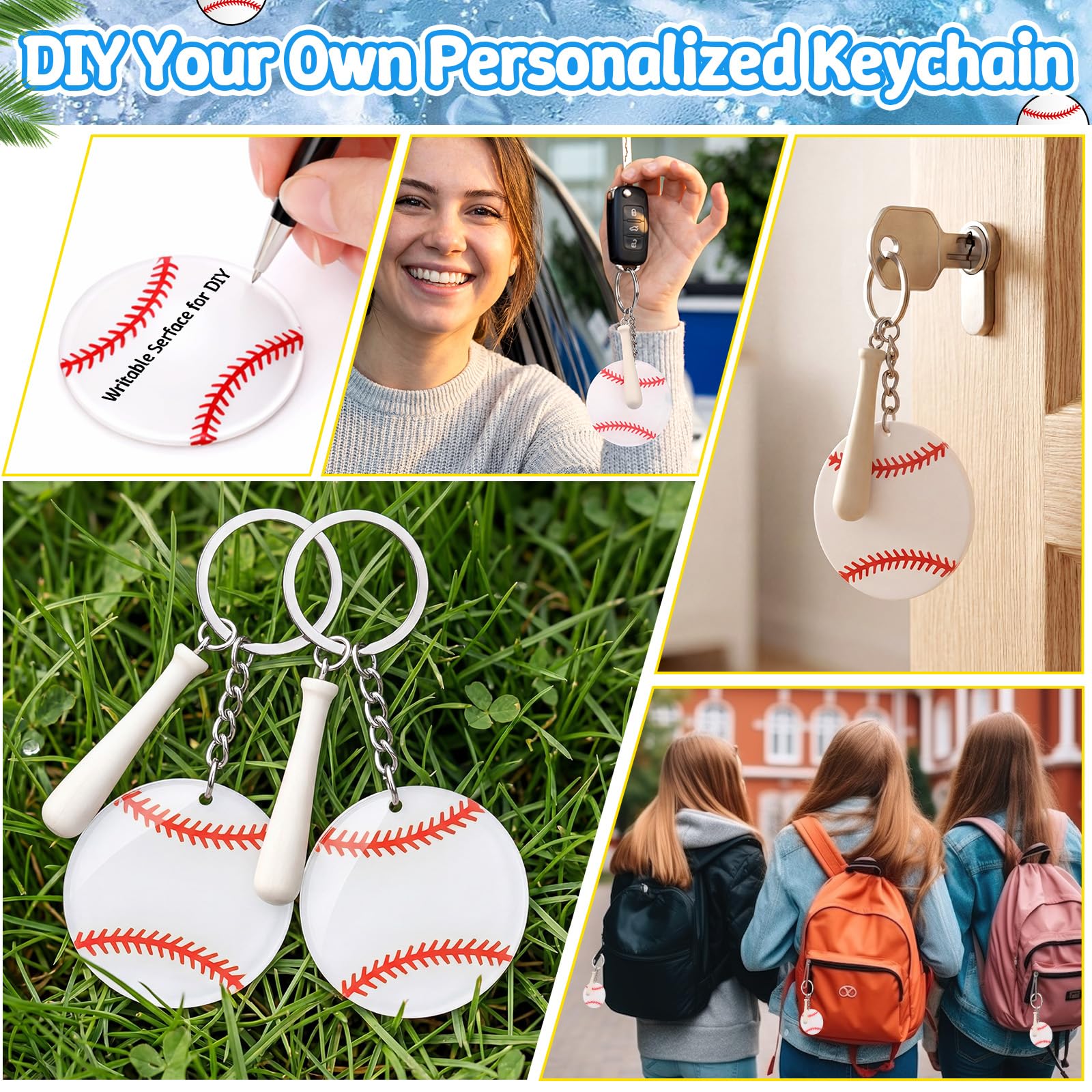 Tuanse Juego de 64 llaveros de acrílico portátil para abanico de béisbol y béisbol, regalos de equipo deportivo con tarjetas motivacionales, bolsas de organza, ventilador de mano alimentado por pilas