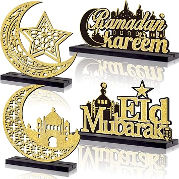 4pcs EID Mubarak Wooden Table Centerpiece Decorations EID Mubarak Wood Tiered Tray Signs Table Decor EID Mubarak Wooden Plaque Ornament Tabletop Signs for EID Ramadan Home Kitchen Gifts Supplies