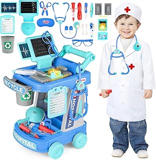 deAO Children's Doctor's Trolley Case, Doctor's Case, Doctor Play Set with Doctor Costume, Stethoscope, Thermometer Syringe, Many Accessories, Doctor's Set for Role Play, Medical Trolley Toy, Gifts
