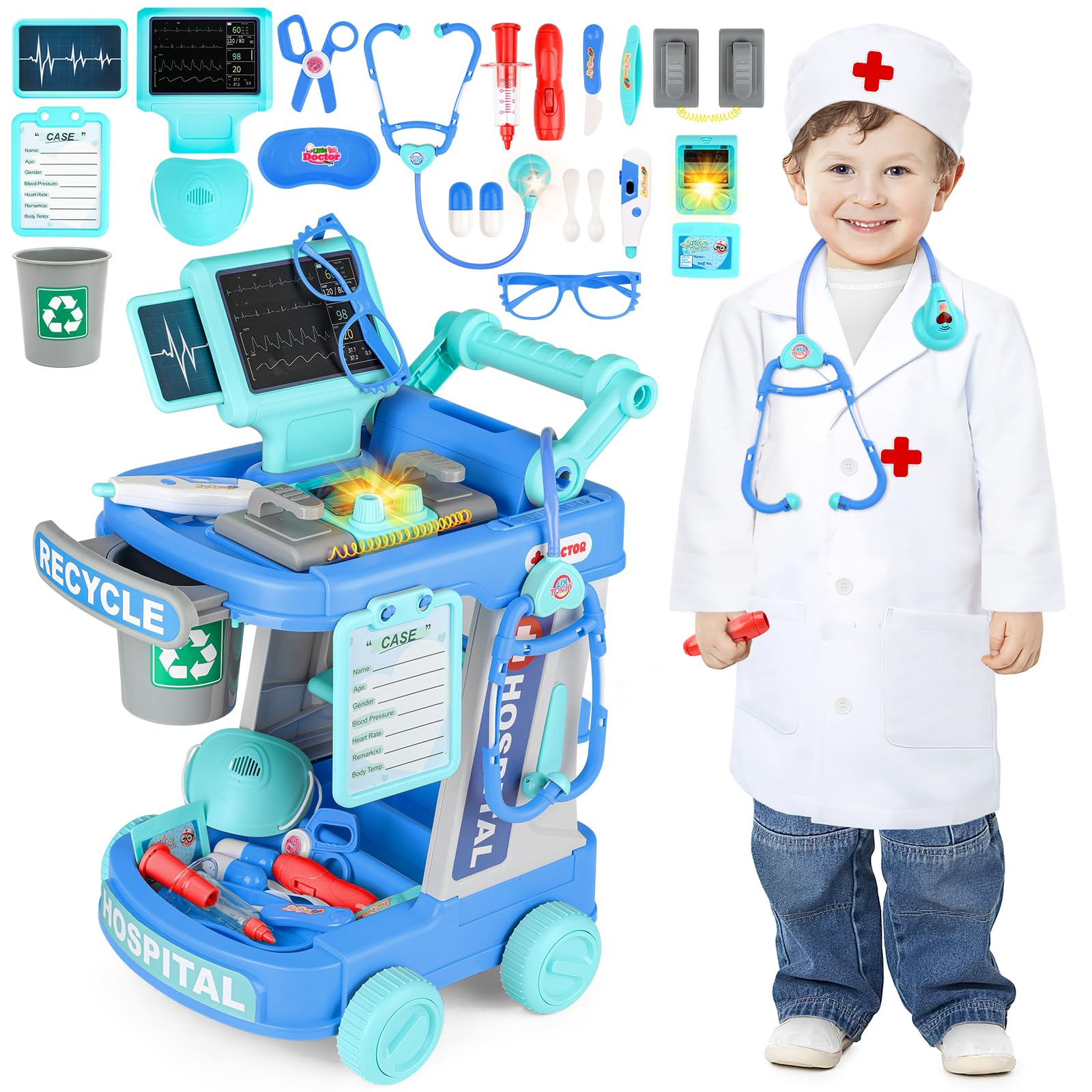 deAO Medical Case Toy for Kids, Doctor Kit with Stroller, Robe, Realistic Stethoscope and Accessories, Role Play Doctor's Case, Medical Center Toy 3 4 5 6 Years (Blue)