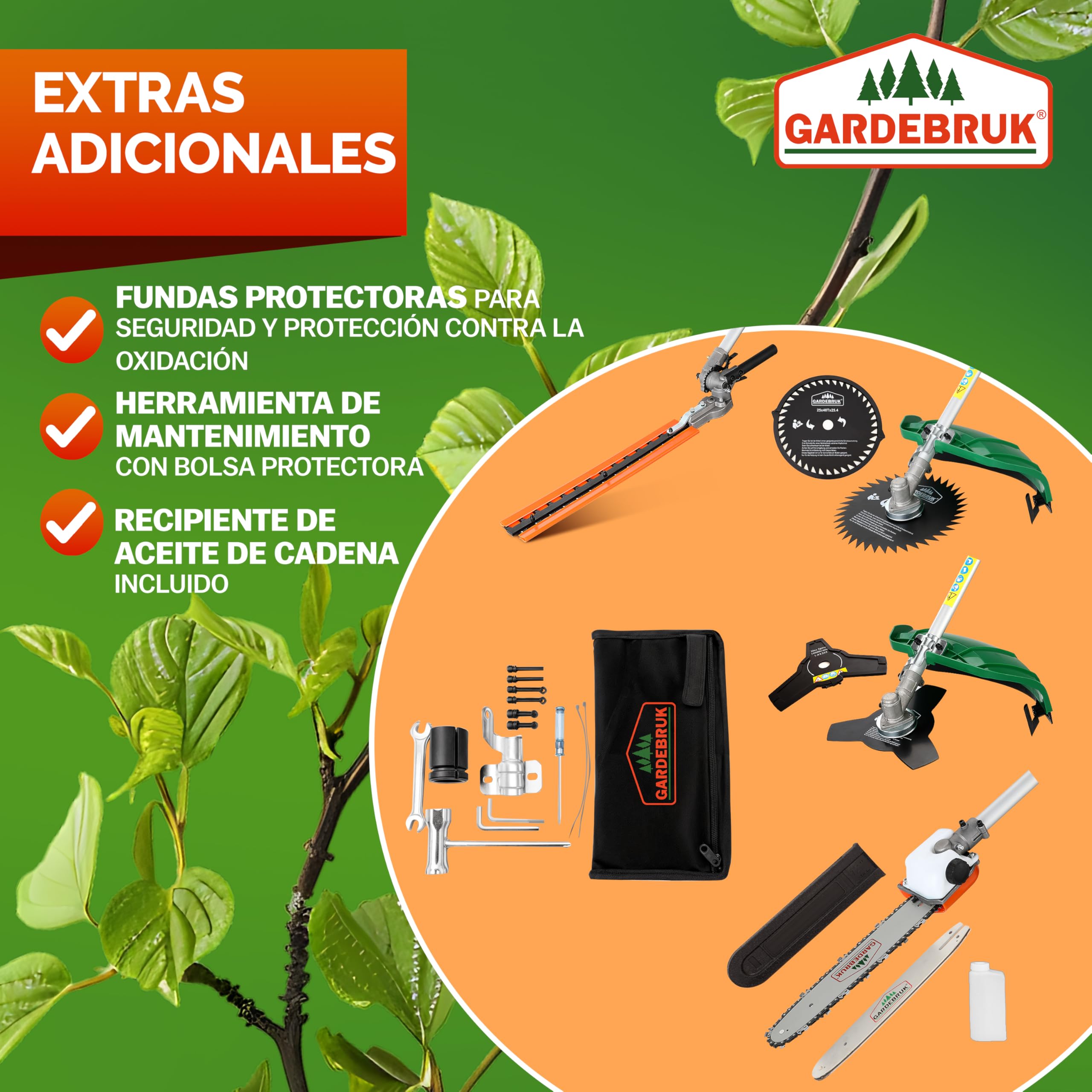 GARDEBRUK® Desbrozadora Gasolina Multifunción 5en1 Cortasetos Portátil Podadora Extensión 1m Motor 2 Tiempos 52 CC Correa Hombro Ajustable Mango Largo