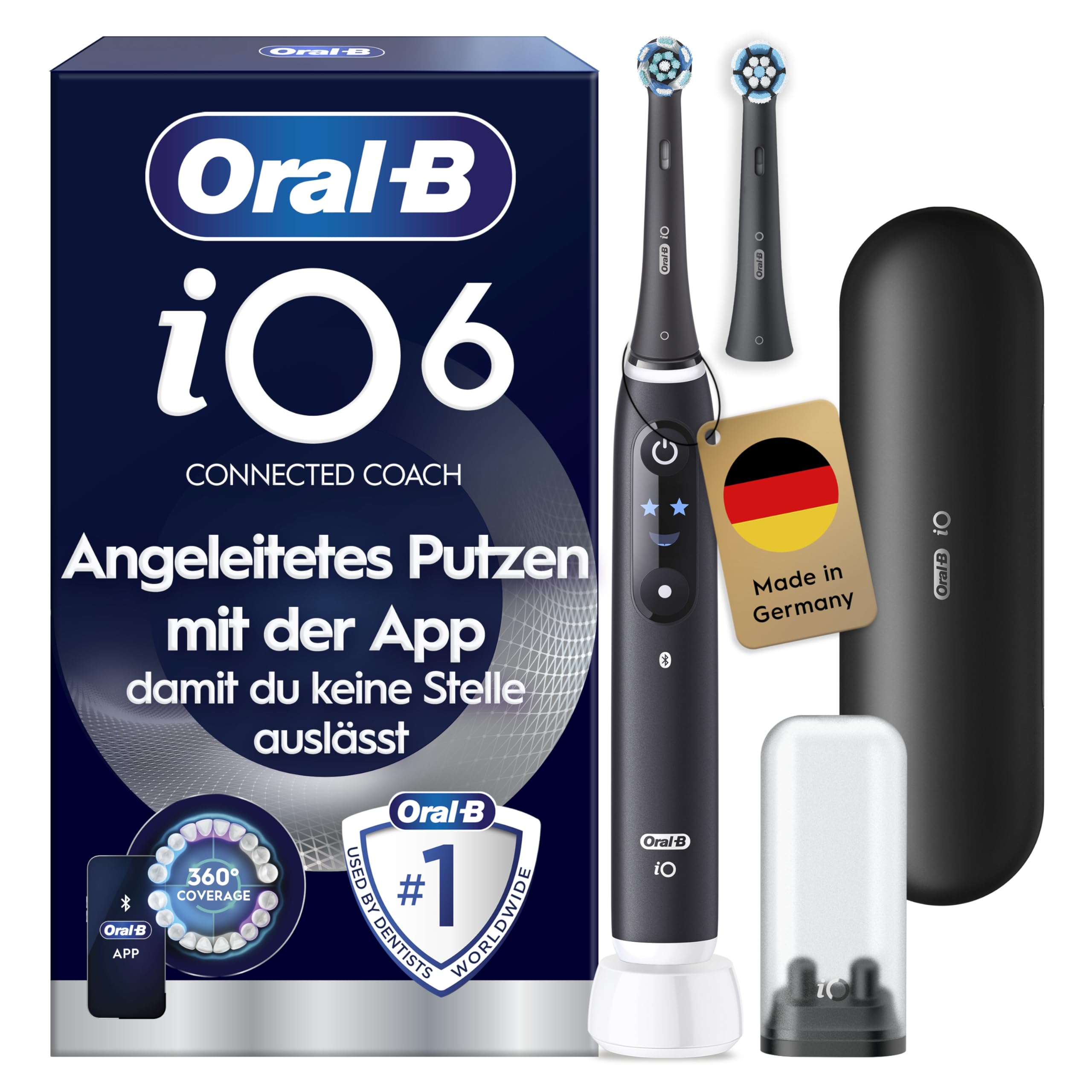 Oral-B iO Series 6 Elektrische Zahnbürste/Electric Toothbrush, 2 Aufsteckbürsten, 5 Putzmodi für Zahnpflege, Display & Reiseetui, Valentinstagsgeschenk für Ihn/Sie, Designed by Braun, black lava