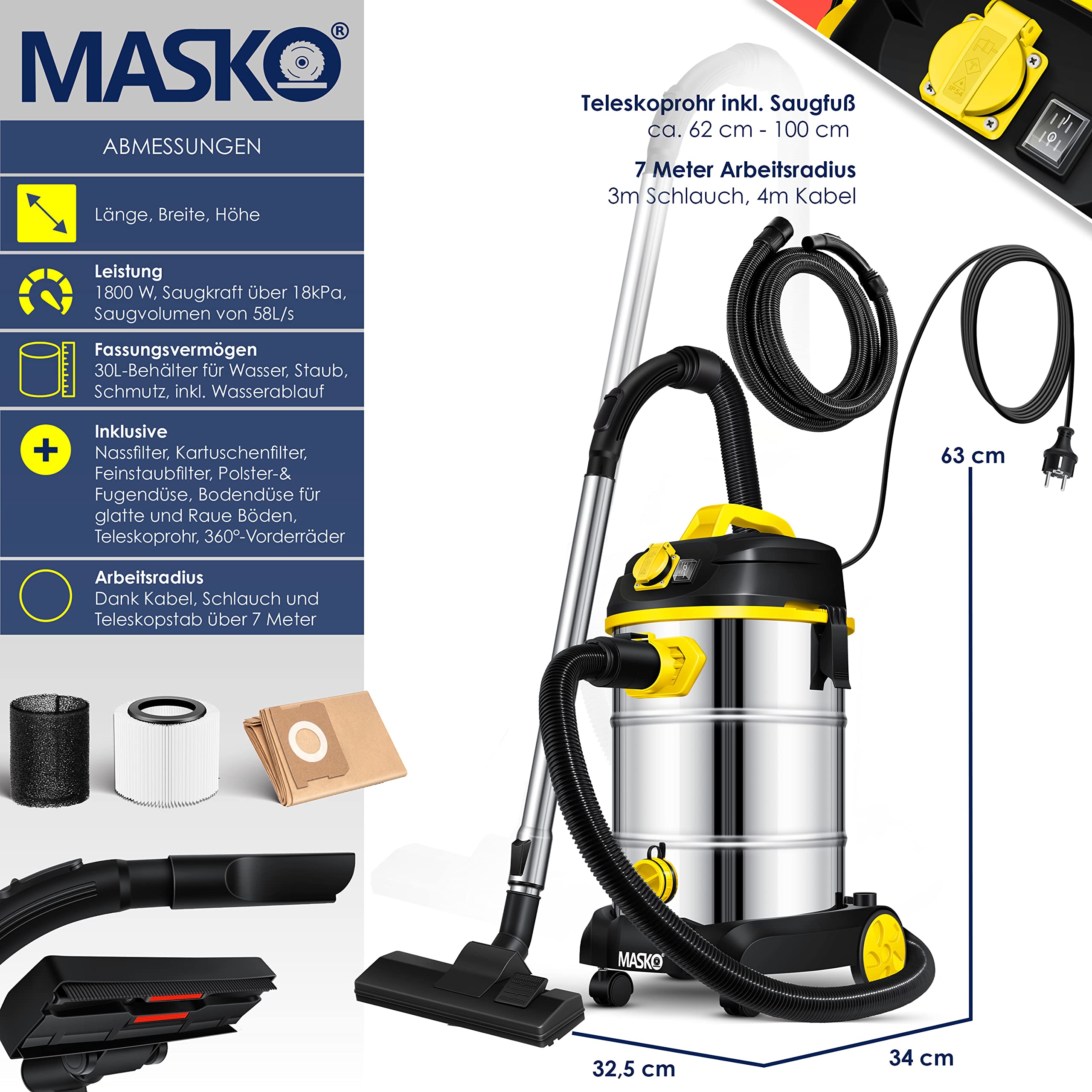 MASKO Industriestaubsauger Nass Trockensauger HEPA 1800W 30L 3 in 1 Filtersystem Push&Clean Gelb