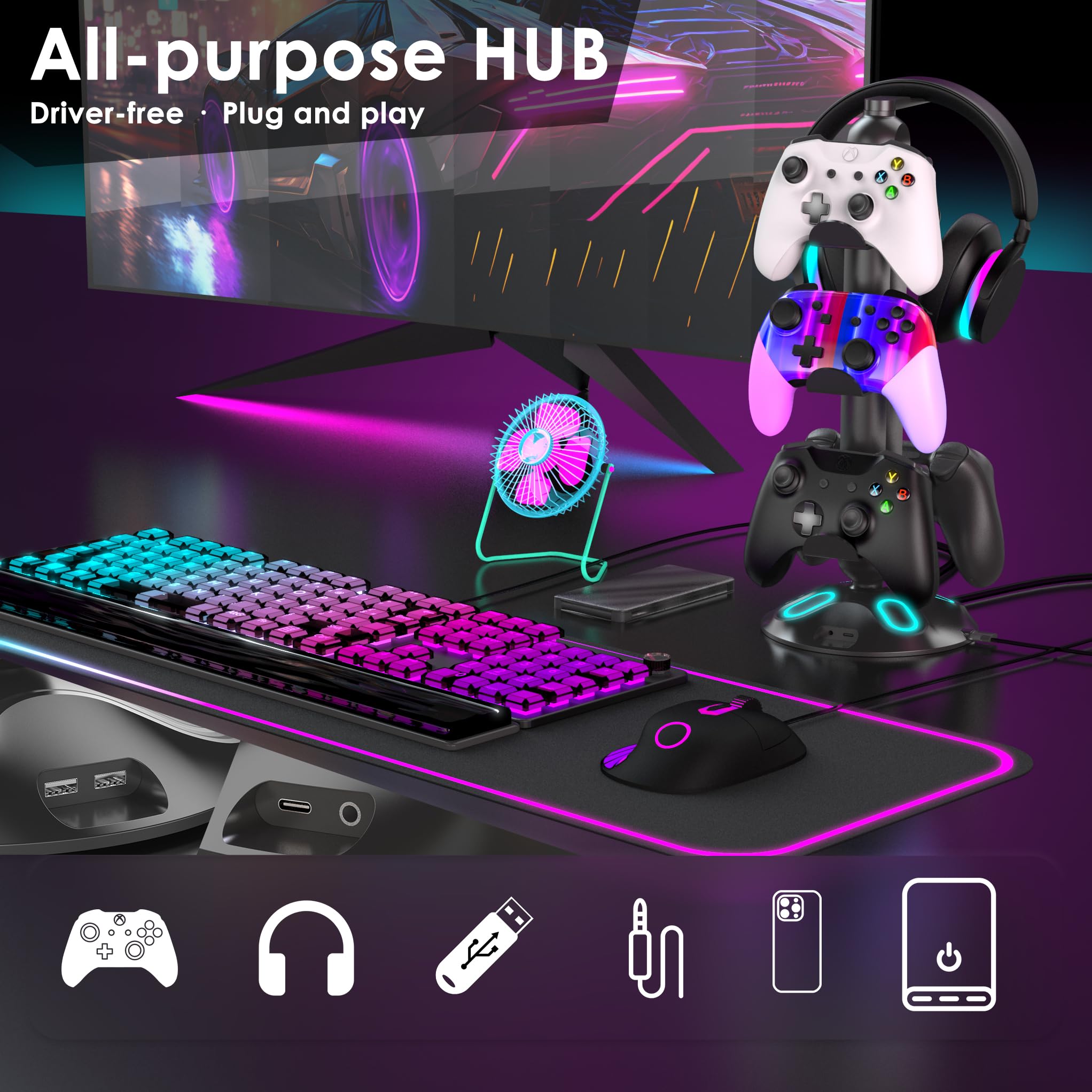 Amazon.co.jp: QXLU RGB ヘッドホンコントローラースタンド ハブ付き 9