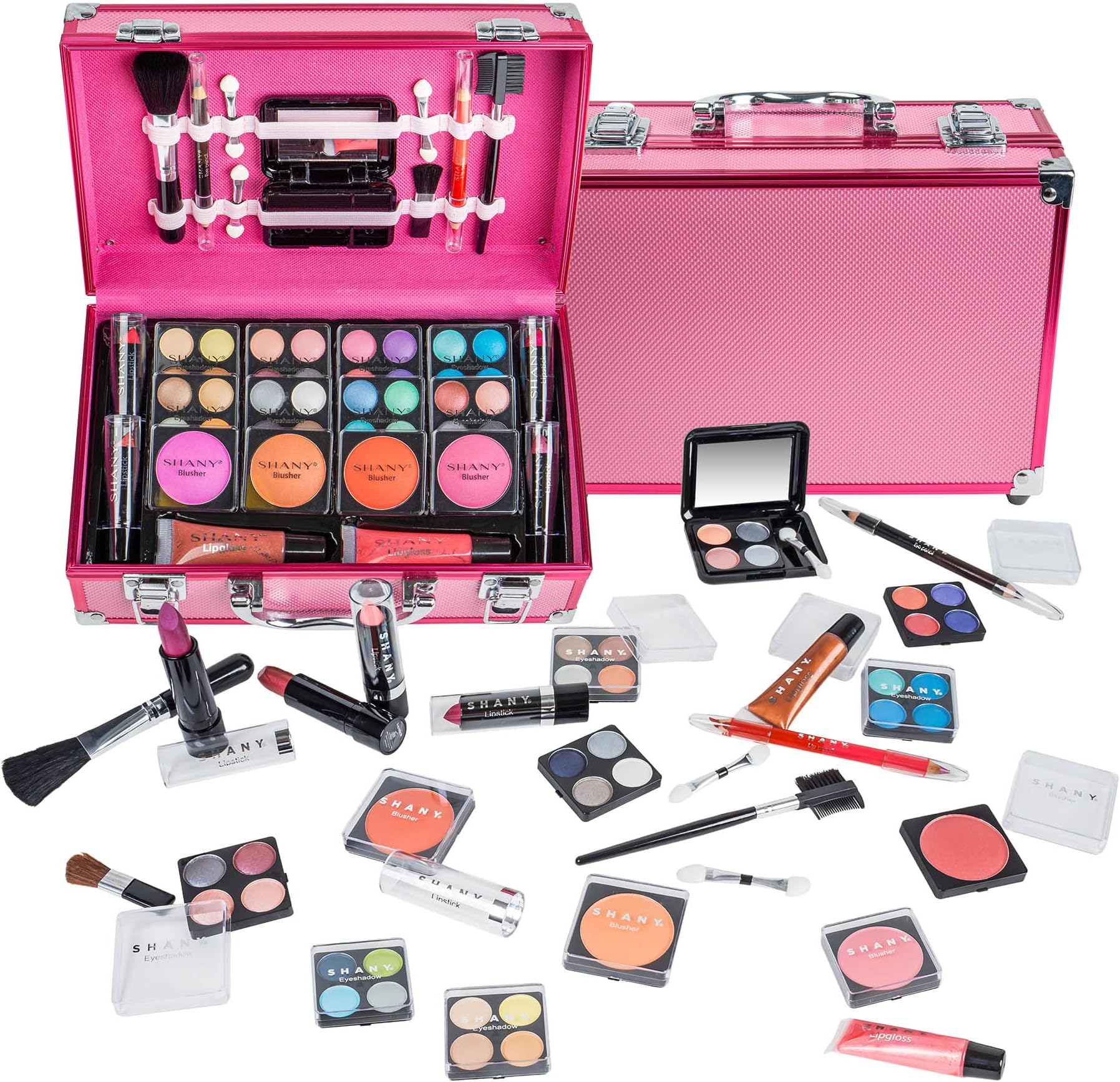 SHANY Carry All Makeup Train Case with Pro Makeup Set, Makeup Brushes, Lipsticks, Eye Shadows, Blushes, Powders, and more - Reusable Makeup Storage Organizer - Premium Gift Packaging - Pink