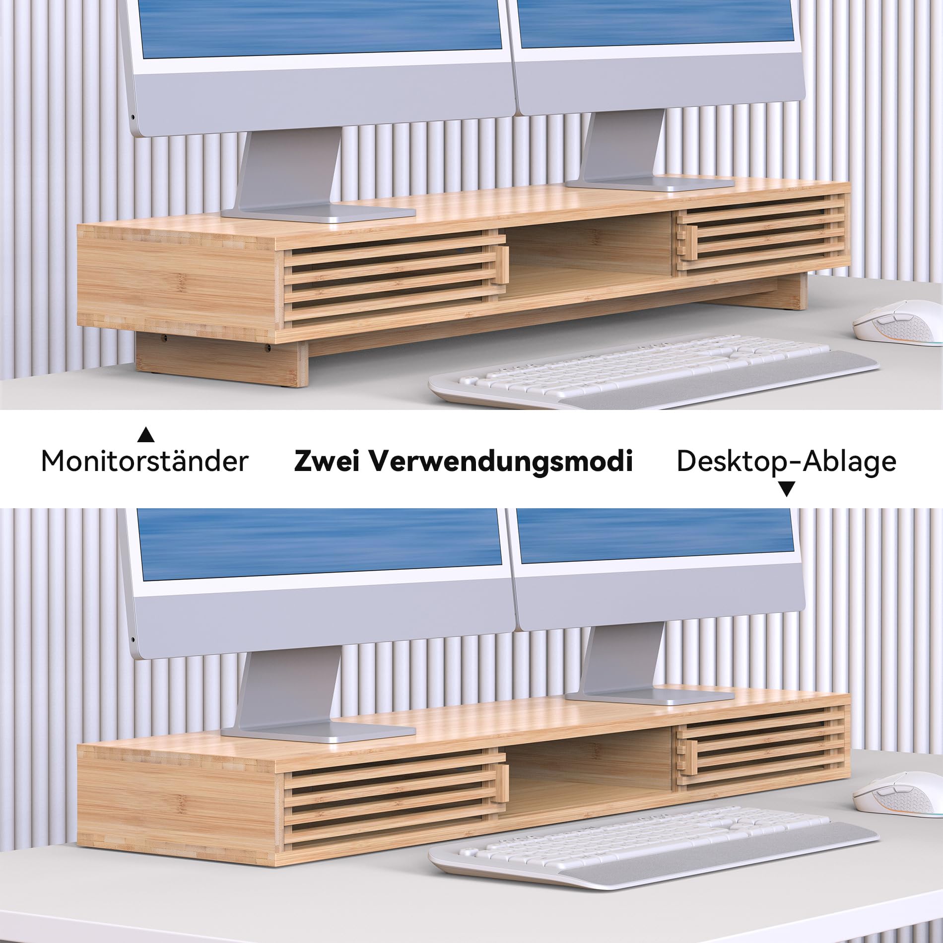 WELL WENG Dual Monitorständer Riser aus Holz für Monitor Bambus 96.7cm | Bildschirmerhöhung 2 monitore mit Schiebetüren im Gitter-Design Schreibtisch-Regal-Organizer mit Ordnungssystem