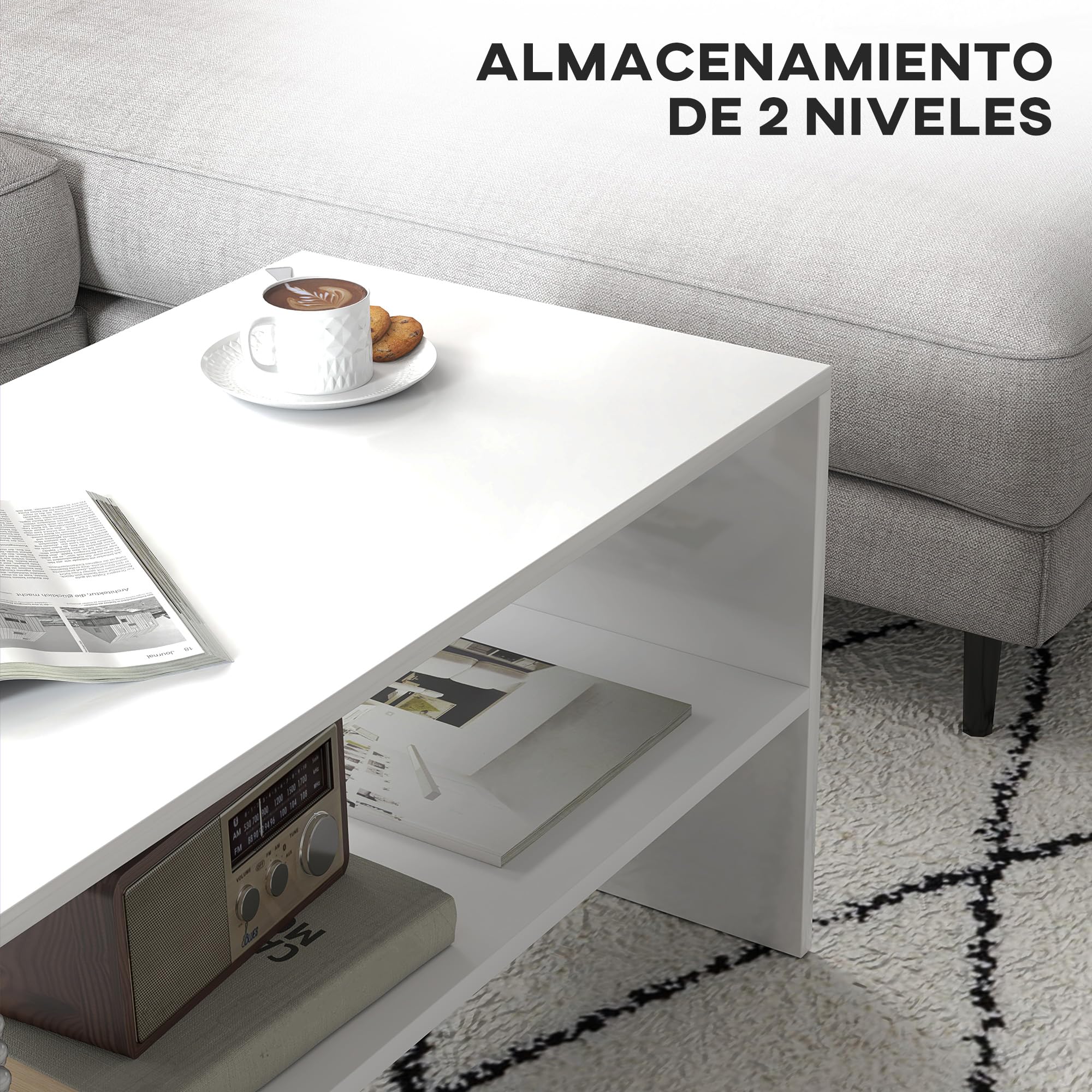HOMCOM Mesa de Centro Mueble Auxiliar con Compartimento Abierto Mesa de Café para Salón Comedor 100x40x41,5 cm Blanco Brillante