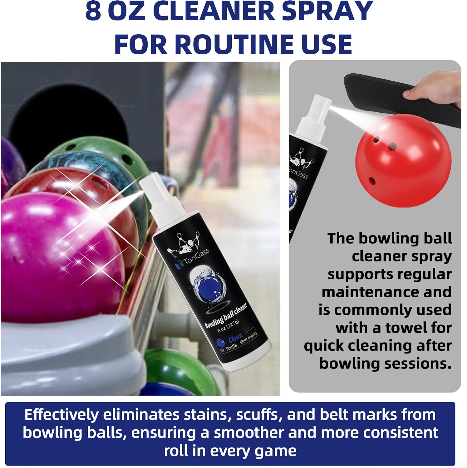 TonGass Bowling Ball Cleaning Kit, 10" x 8" Microfiber Bowling Ball Towel with 8 oz Bowlings Cleaner Spray and 120-pcs Bowlings Thumb Tapes, Balls Care Set for Practice and League Play