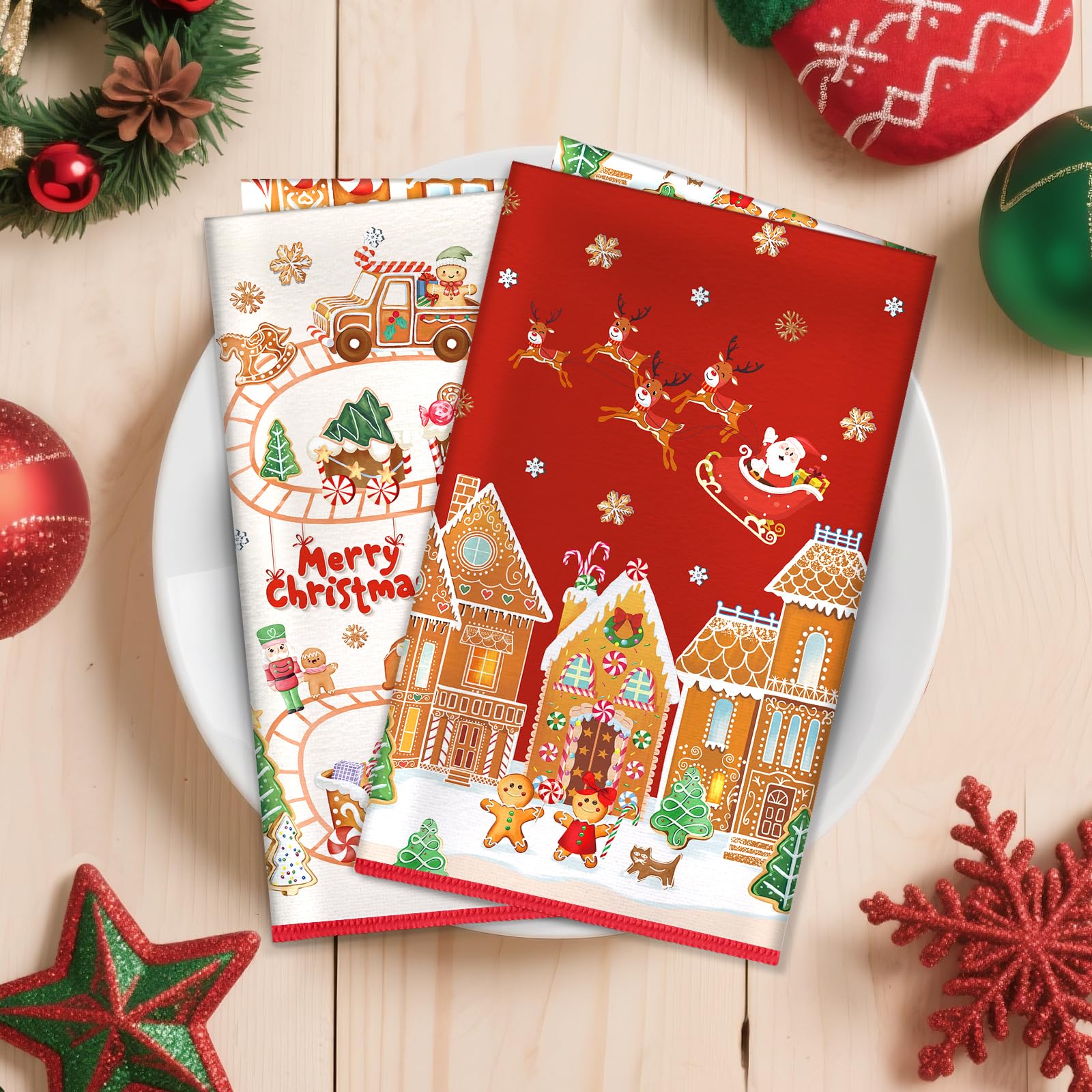 Set Di 2 Asciugamani Da Cucina Natalizi Con Albero Di Natale – 62x39 Cm, Tessuto Waffle, Regalo Di Inaugurazione Casa Per Amiche