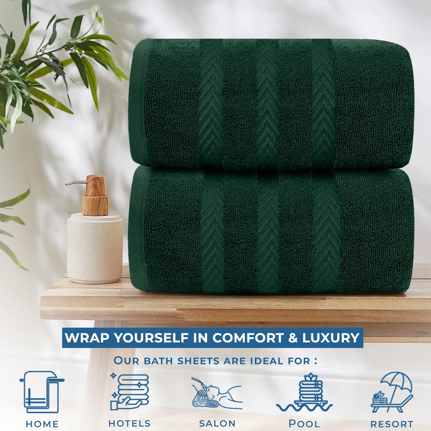 DAN RIVER 3-Piece Towel Set: 1 Oversized Bath Sheet (40x80 Inches) & 2 Bath Sheets (35x70 Inches), 550 GSM - Ivory & Green