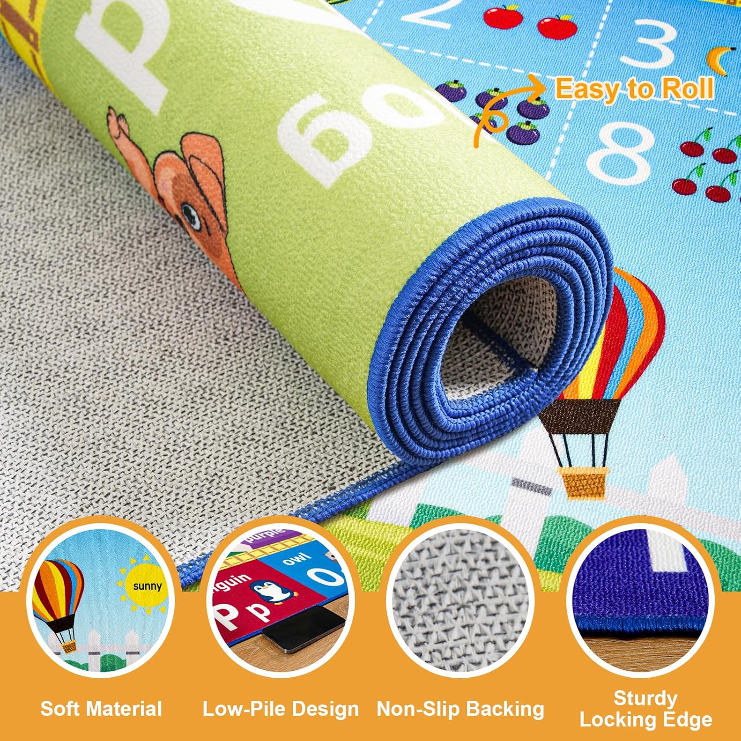 ABC Rug for Playroom Classroom Bedroom,4x6 Kids Educational Area Rug for Learning Alphabet,Numbers,Colors,Season and Animal Words,Non Slip Washable Play Mat Carpet for Nursery Toddler Decor