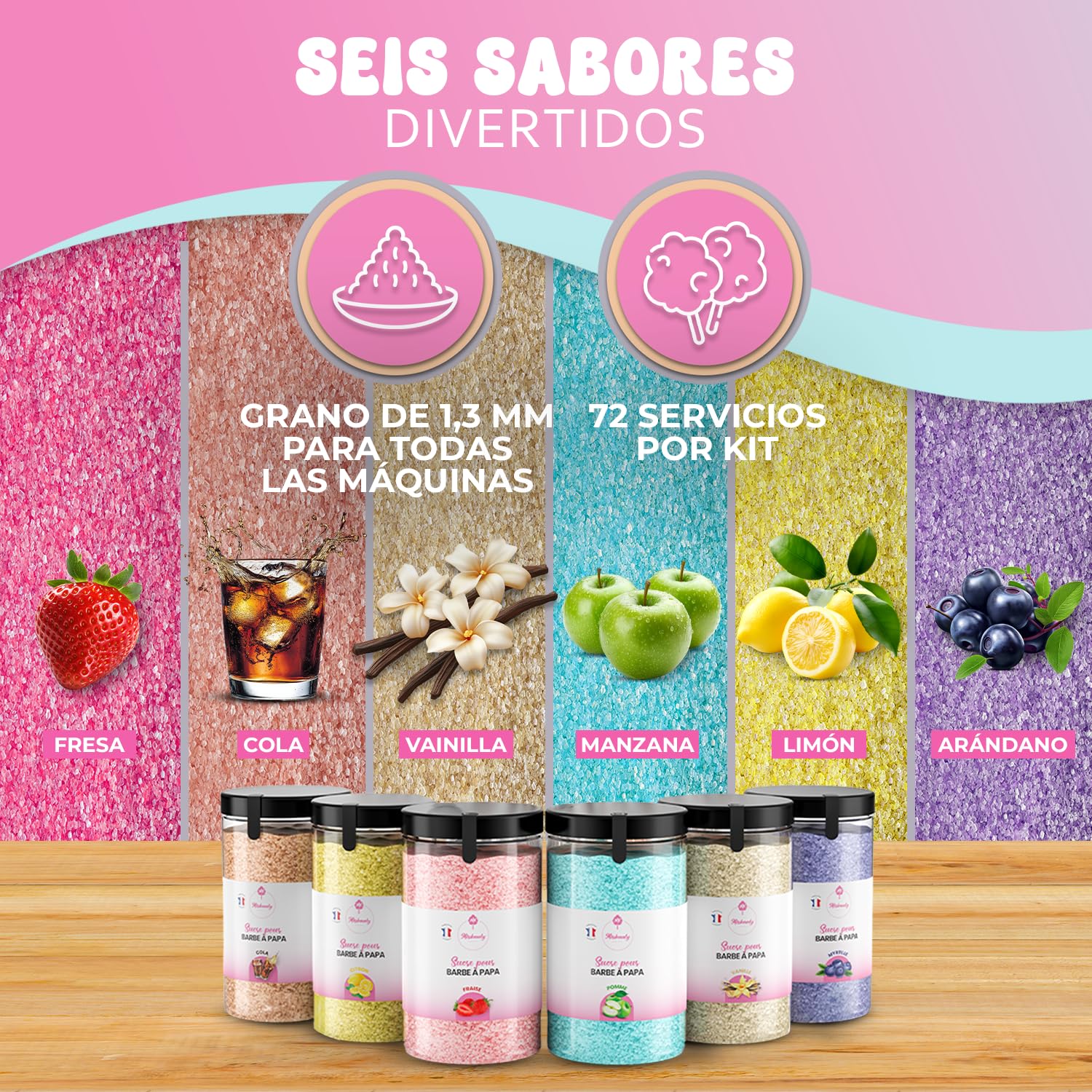 Misskandy® Kit de azúcar de algodón de 6 sabores, 72 porciones - Incluye 50 palitos para máquina de algodón de azúcar - Los sabores incluyen cola, vainilla, fresa, arándano, limón y manzana