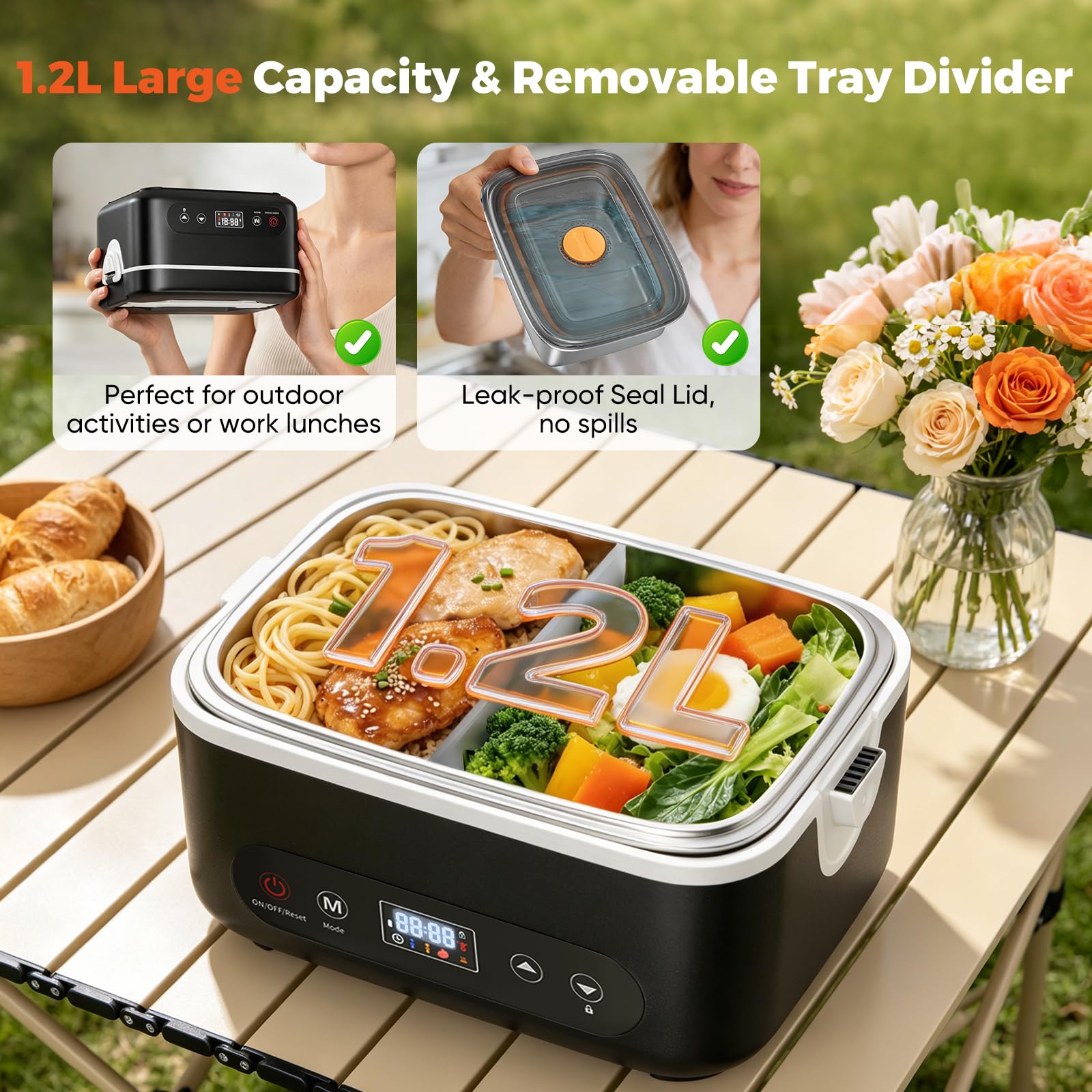 Scaldavivande Elettrico Portatile, 1,2L Porta Pranzo Riscaldabile con Touch Screen, Scalda Vivande Portatile Elettrico con Stoviglie in Acciaio Inossidabile e Borsa Termica per Auto Ufficio