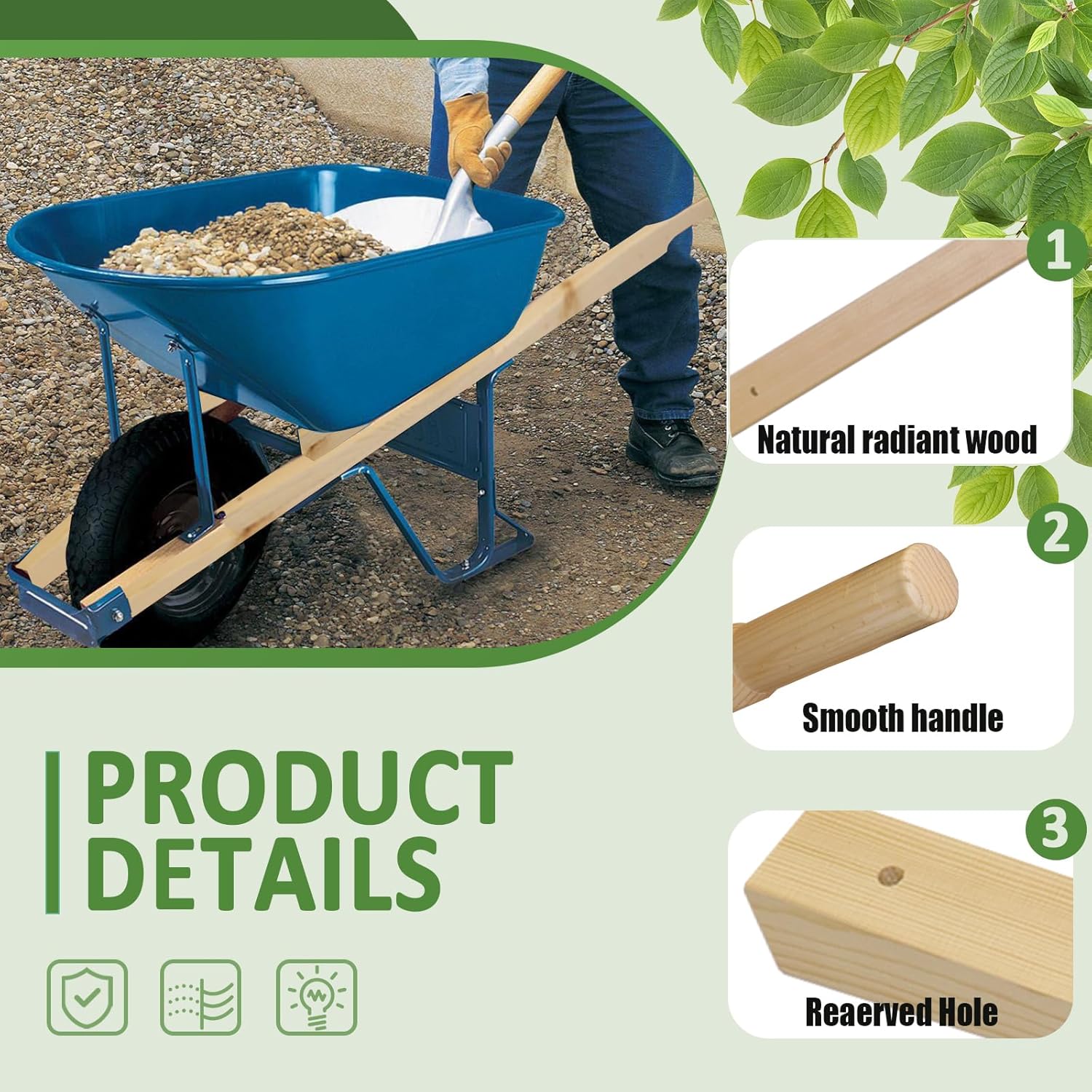 Wheel Barrow Handles Wood Replacement Kit - 59” Heavy-Duty Hardwood Pair with 2 Wedges, Tough Seal Coat Wheelbarrow Parts and Pre-Drilled Holes for Easy Installation Wooden 4 Pcs