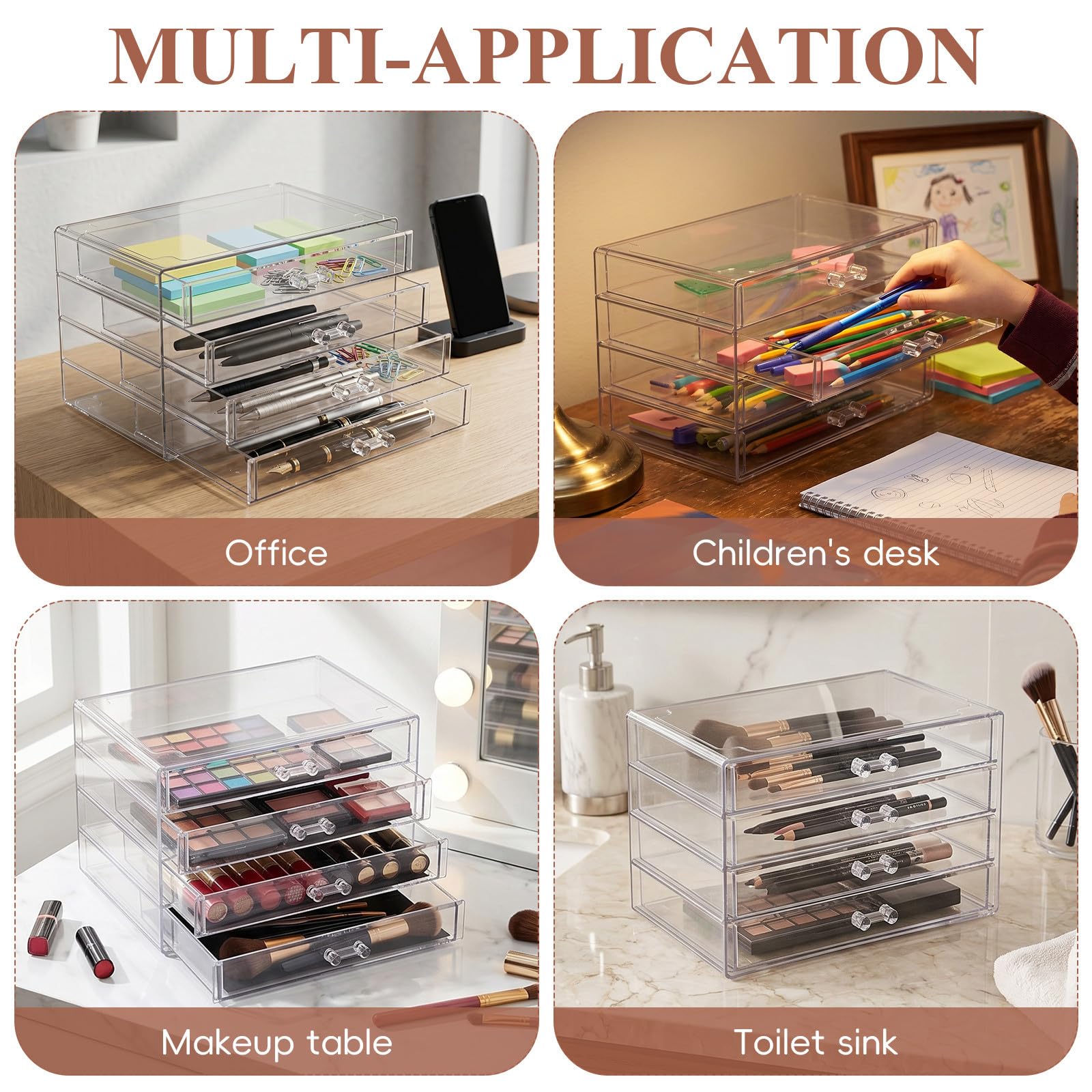 Caja de Cosméticos Grande de Acrílico Transparente Tipo Cajón | Cuatro Compartimentos, Diseño Cerrado para Reducir Oxidación, Almacenamiento Doméstico para Barras y Artículos