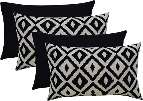 RSH DECOR Juego de 4 almohadas lumbares rectangulares decorativas para interiores y exteriores, tela geométrica azteca y negra sólida (20 pulgadas