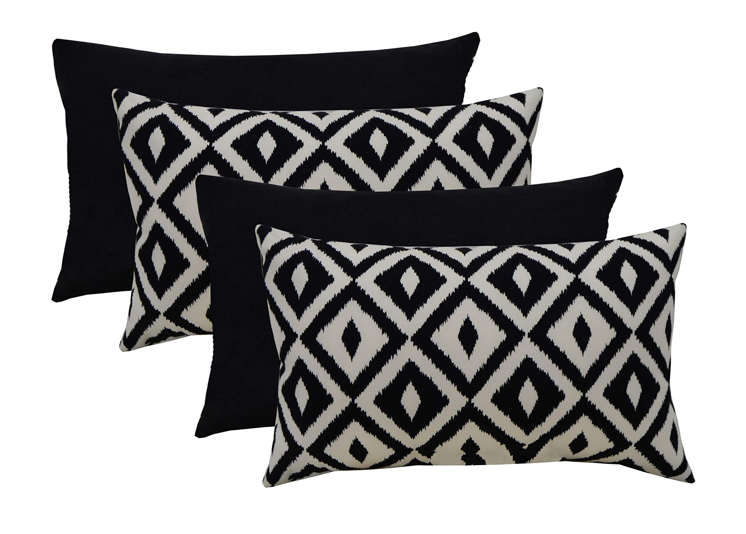RSH Décor Indoor Outdoor Mixed Set of 4 Decorative Rectangular Lumbar Throw Pillows ~ Black and White Aztec Geometric & Solid Black Fabrics (20