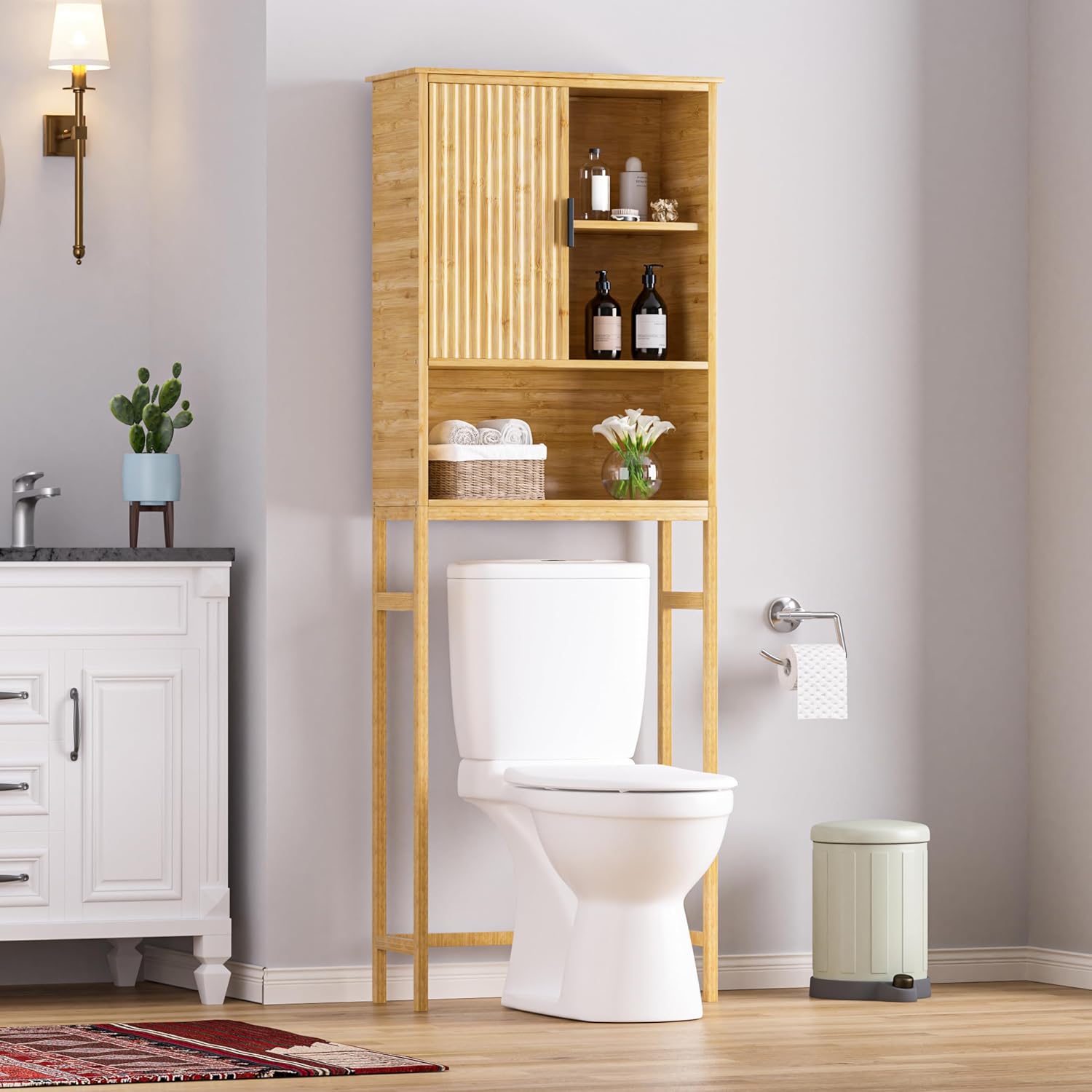 BlueWish Over The Toilet Storage Cabinet, Bamboo Over Toilet Storages with Fluted Door, Over The Toilet Cabinet Bathroom Organizer, Bathroom Shelf Over The Toilet, Storage Rack, Natural